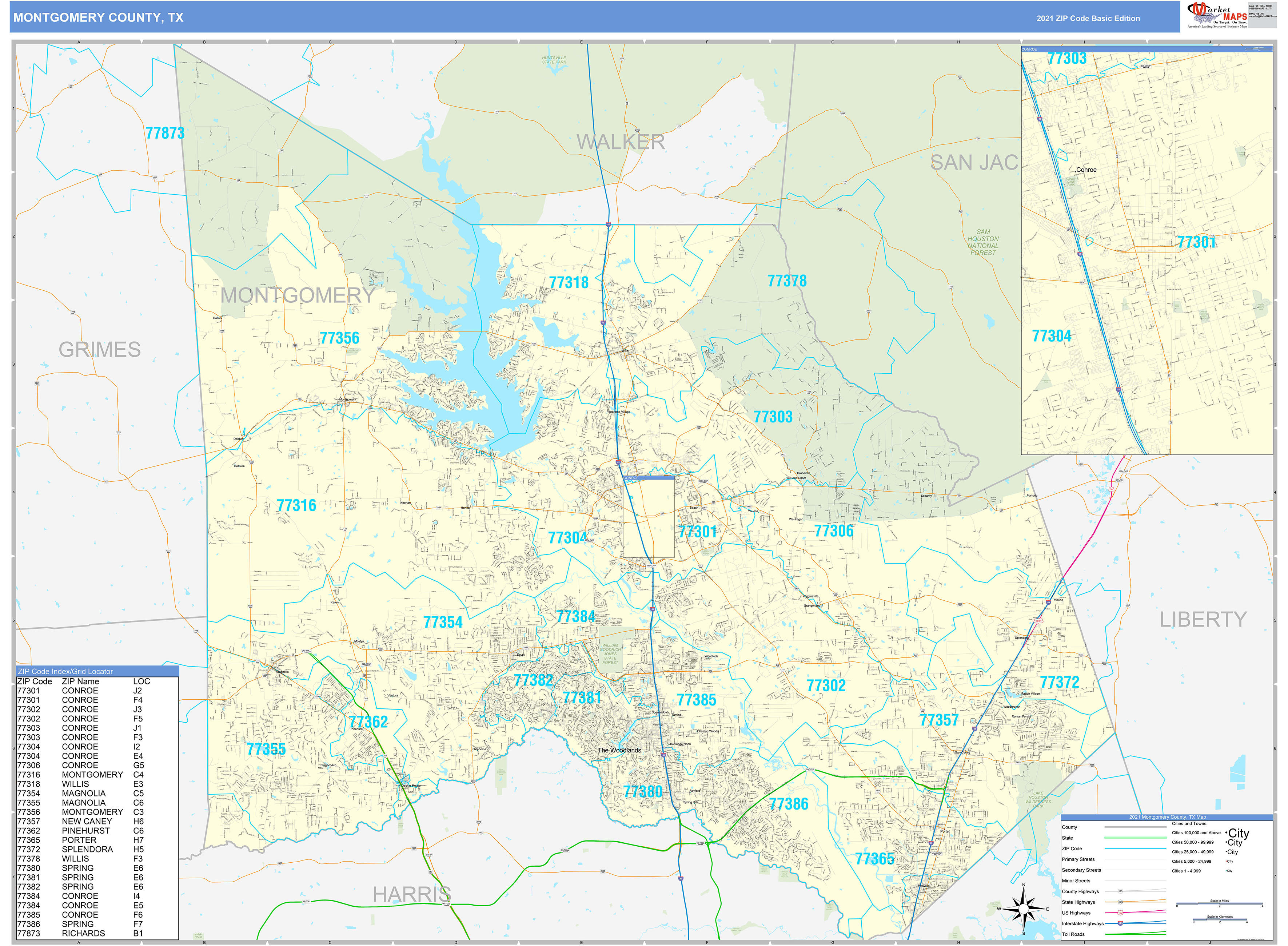 Montgomery County Tx Zip Code Wall Map Basic Style By Marketmaps