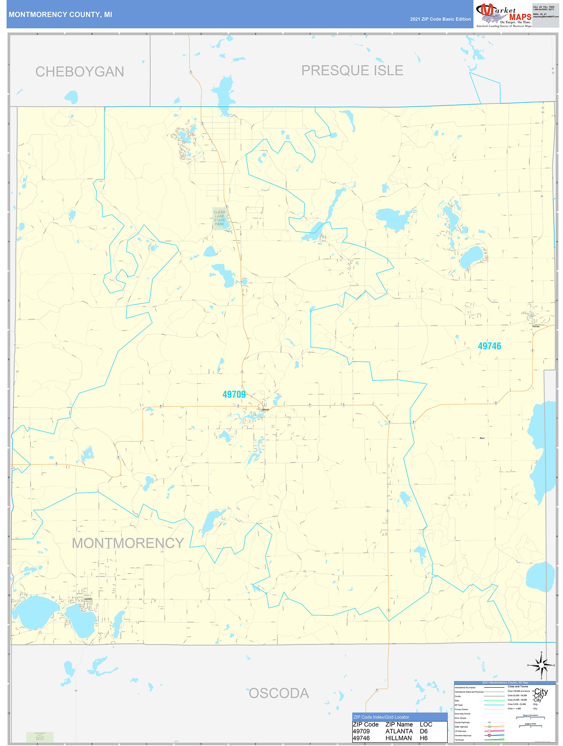 Montmorency County, MI Zip Code Wall Map Basic Style by MarketMAPS