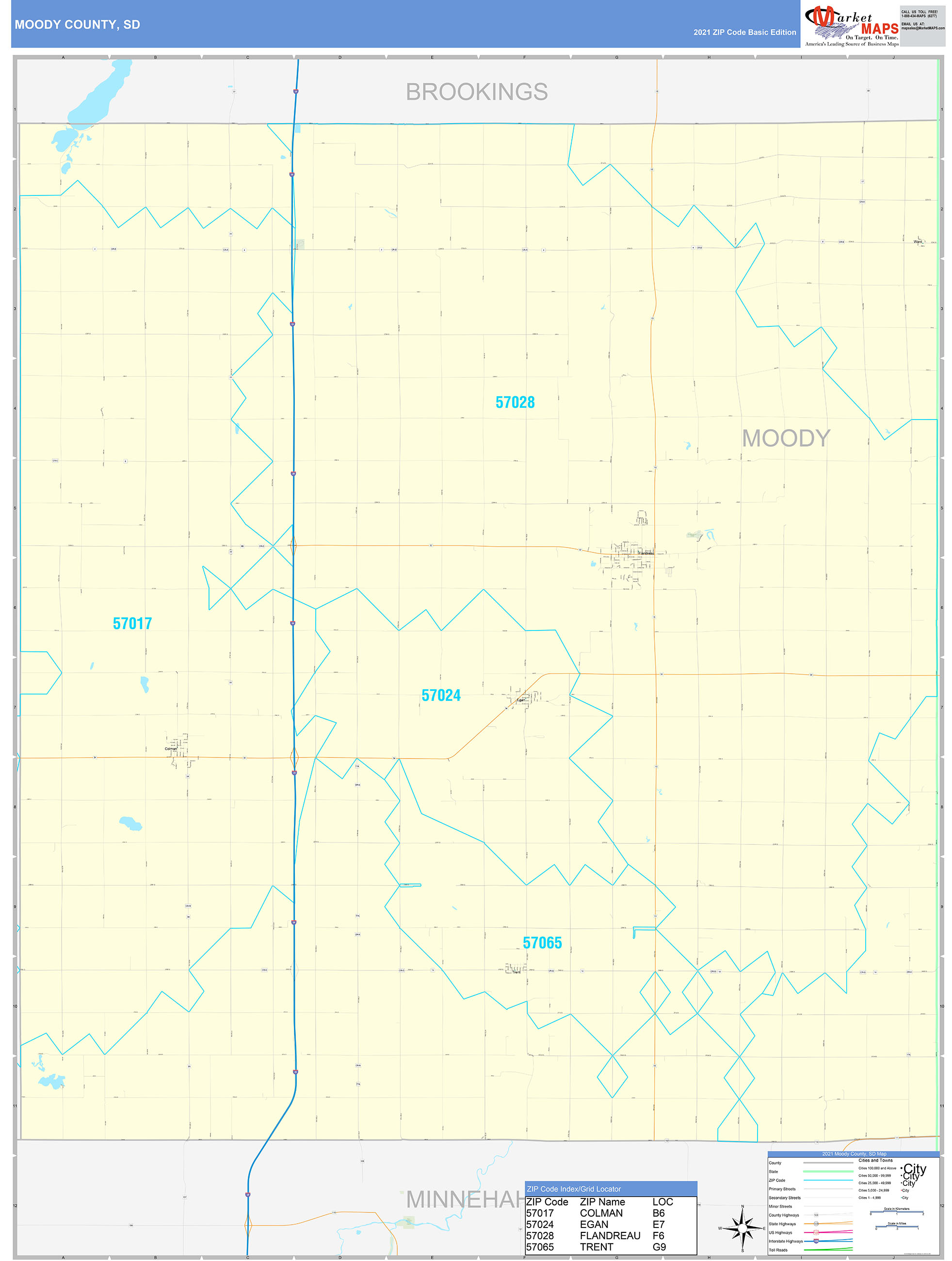 Moody County, SD Zip Code Wall Map Basic Style by MarketMAPS