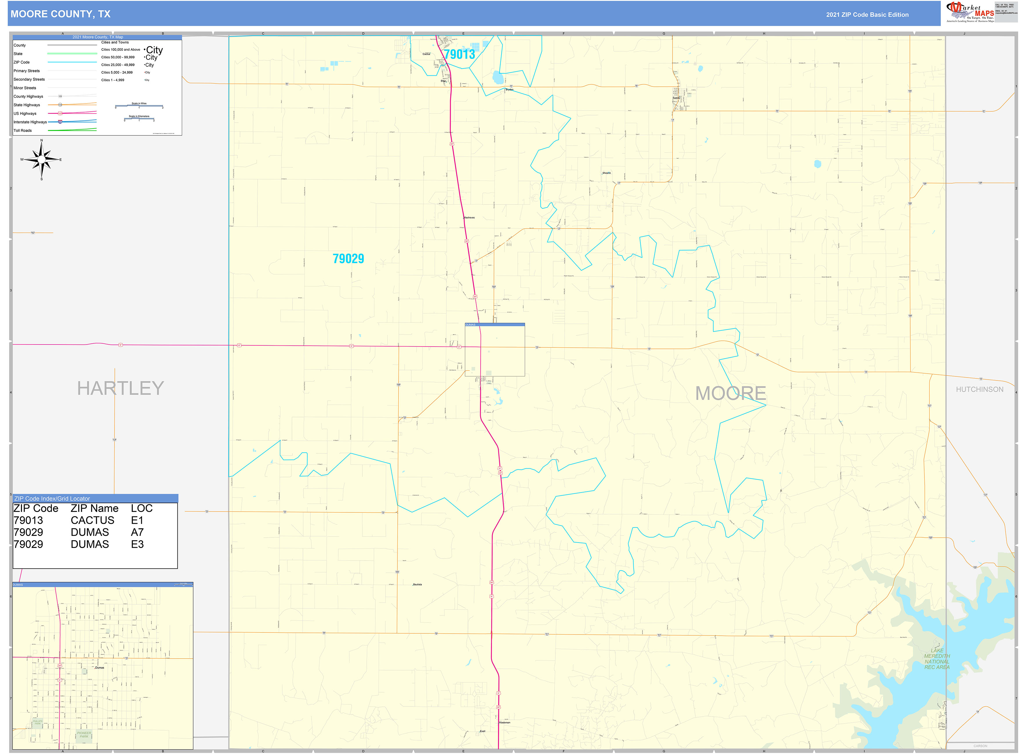 Moore County, TX Zip Code Wall Map Basic Style by MarketMAPS MapSales