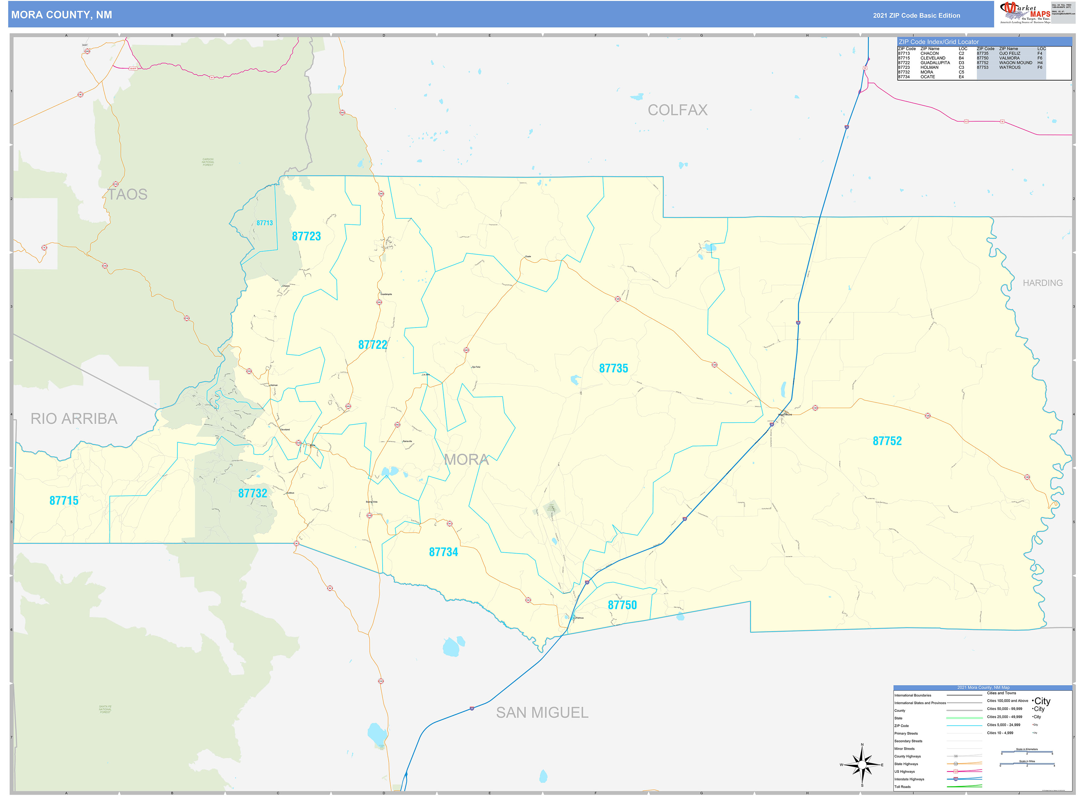 Mora County, NM Zip Code Wall Map Basic Style by MarketMAPS MapSales