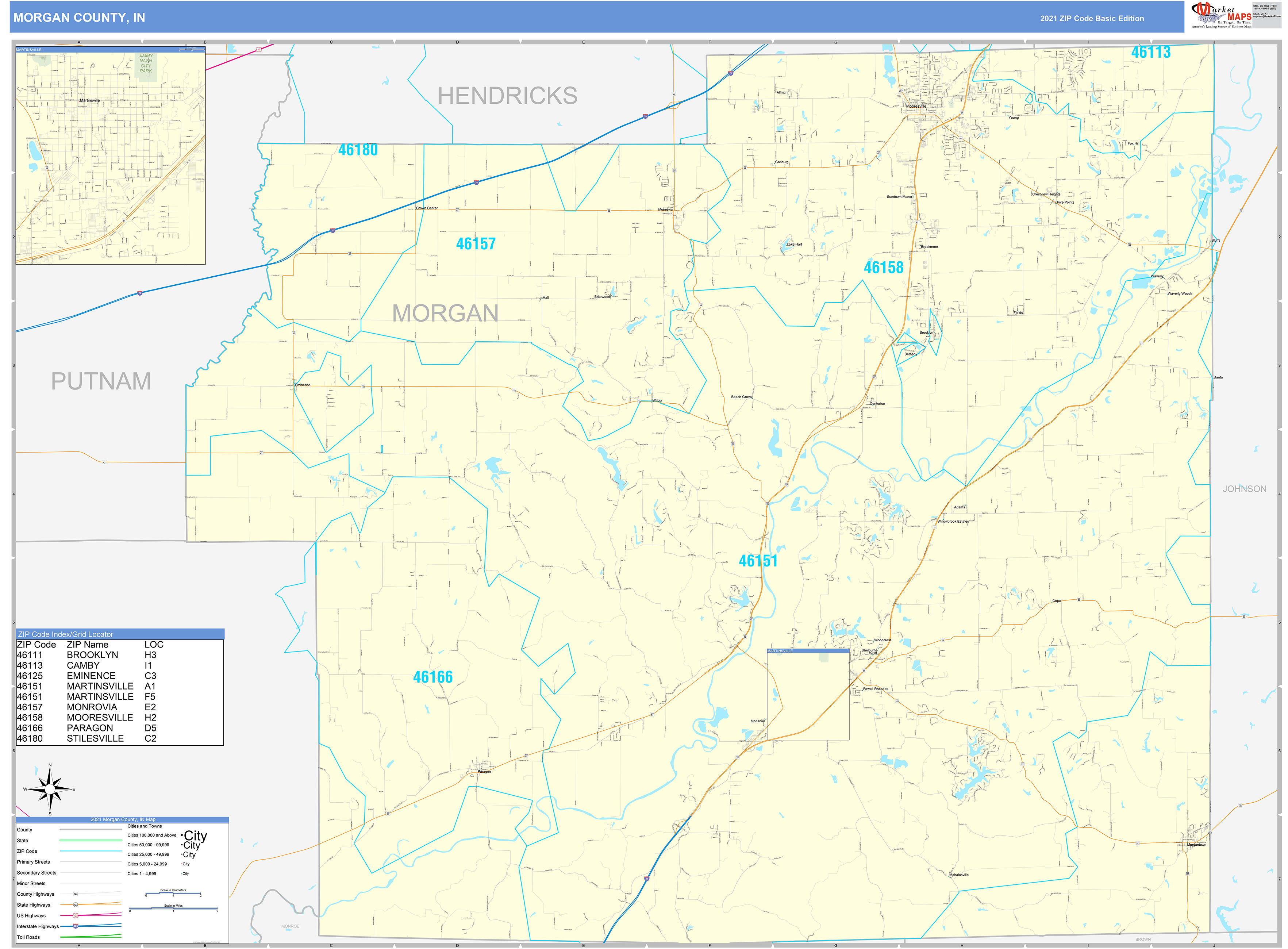 County, IN Zip Code Wall Map Basic Style by MarketMAPS