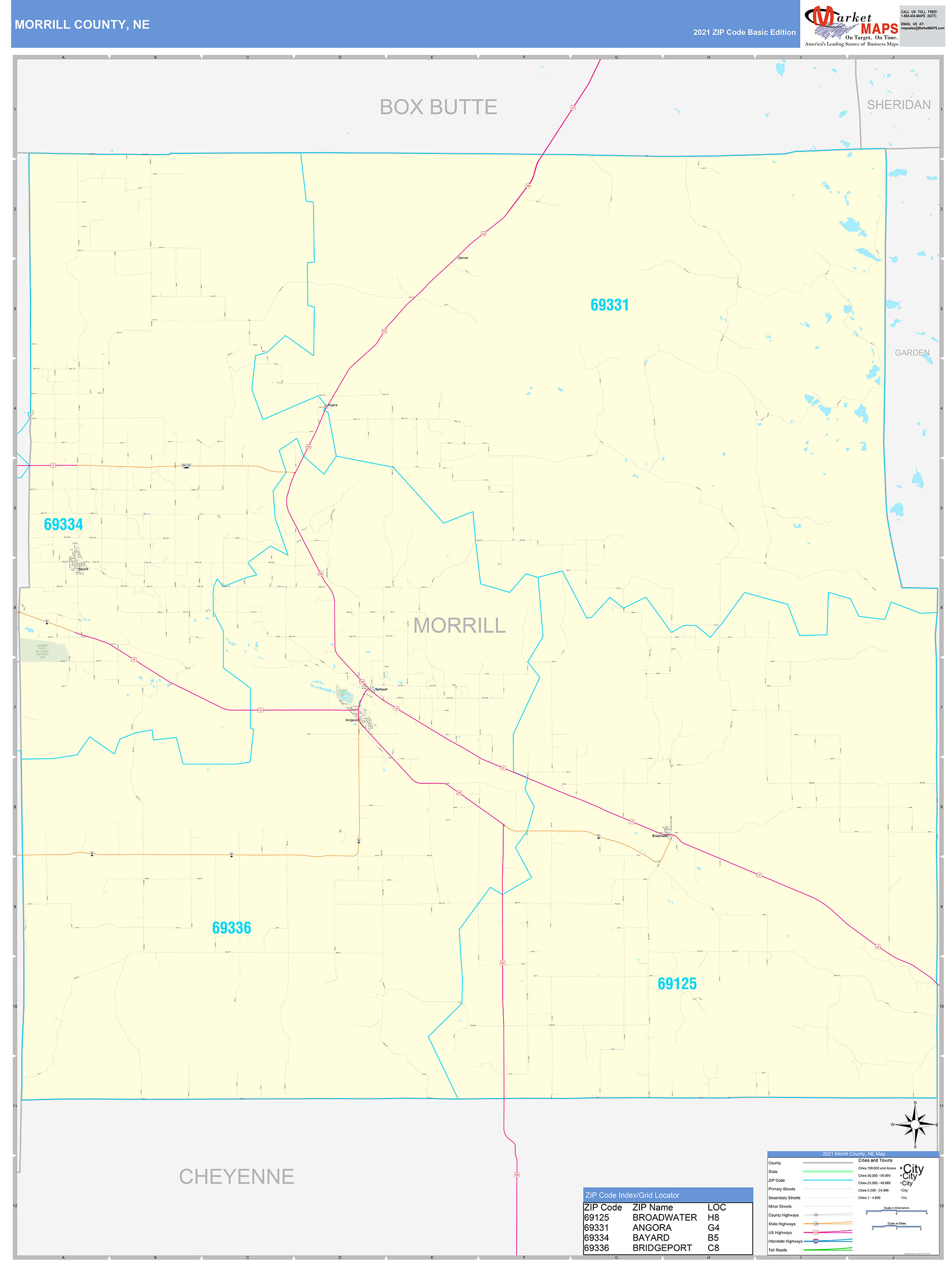 Morrill County, NE Zip Code Wall Map Basic Style by MarketMAPS MapSales