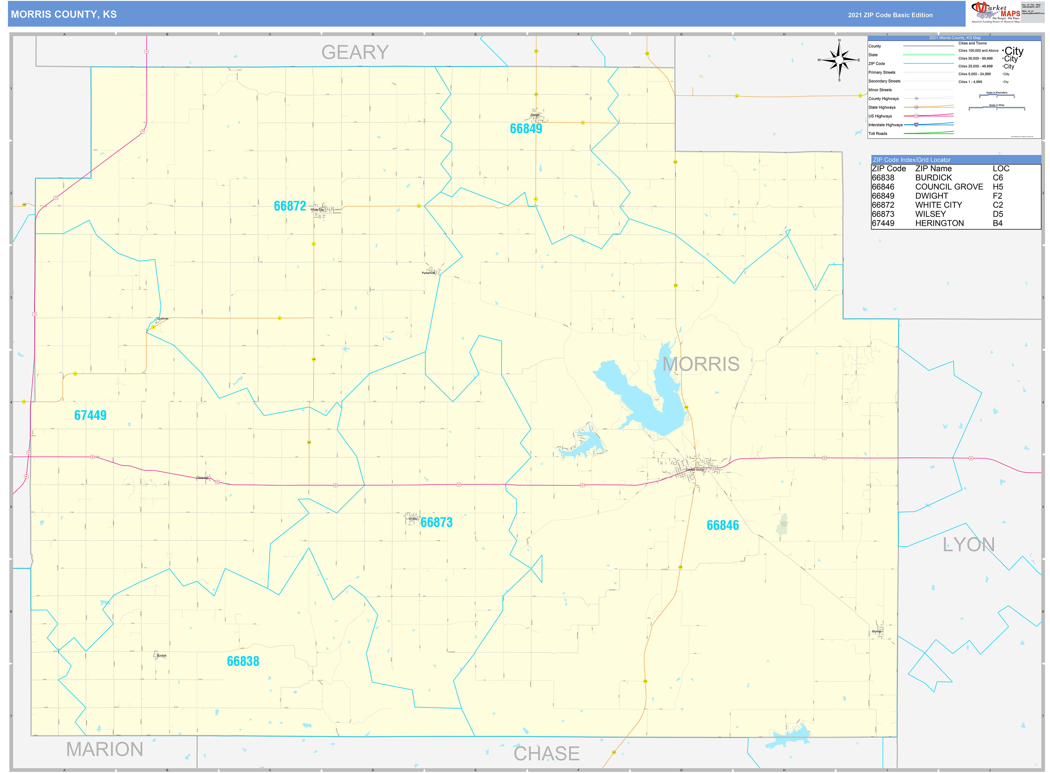 Morris County, KS Zip Code Wall Map Basic Style by MarketMAPS MapSales
