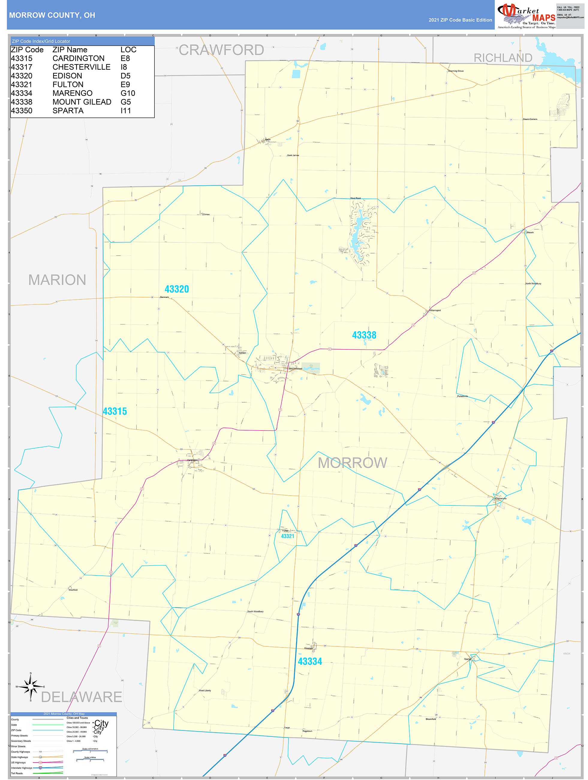 Morrow County, OH Zip Code Wall Map Basic Style by MarketMAPS