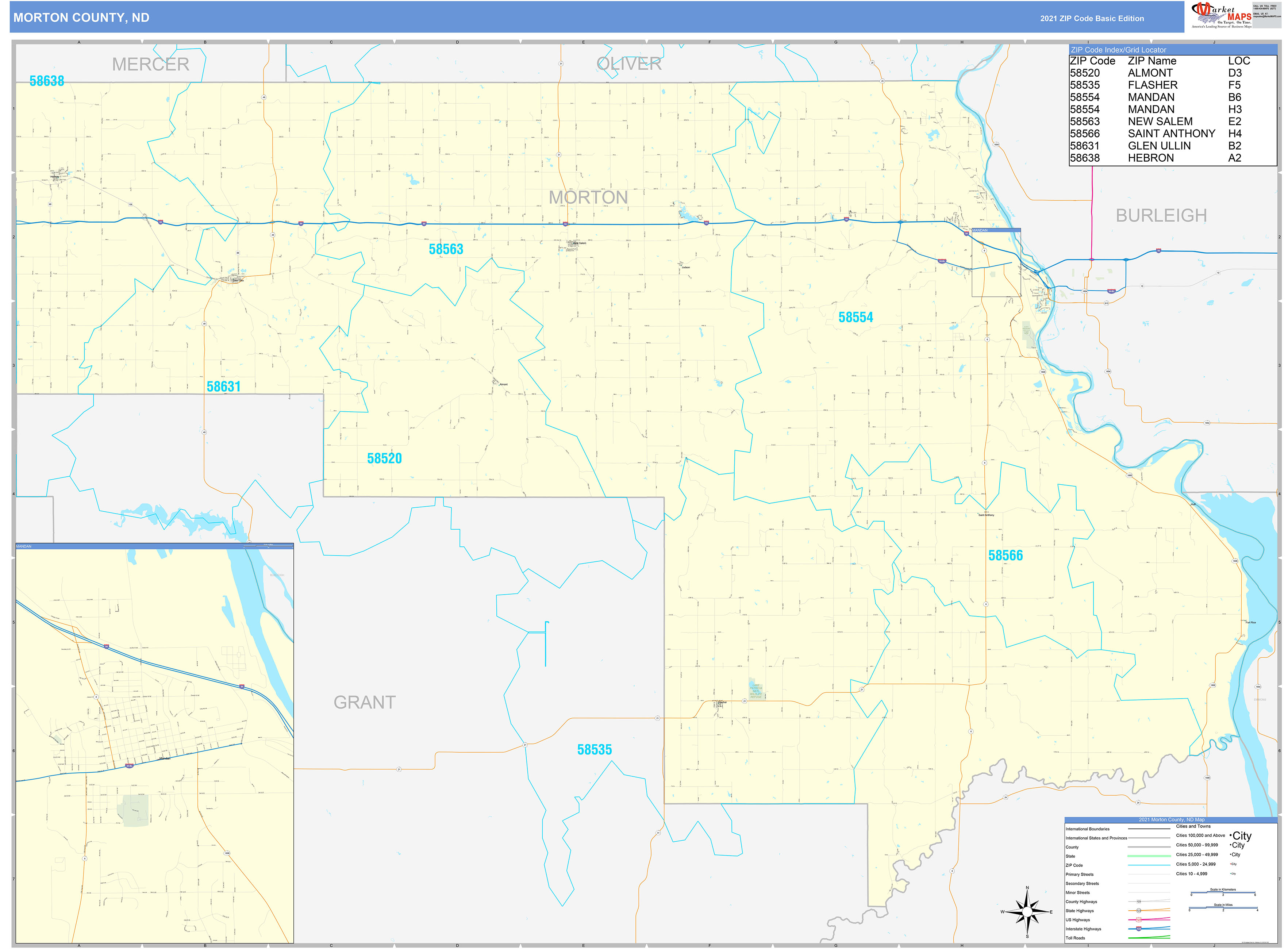 Morton County, ND Zip Code Wall Map Basic Style by MarketMAPS