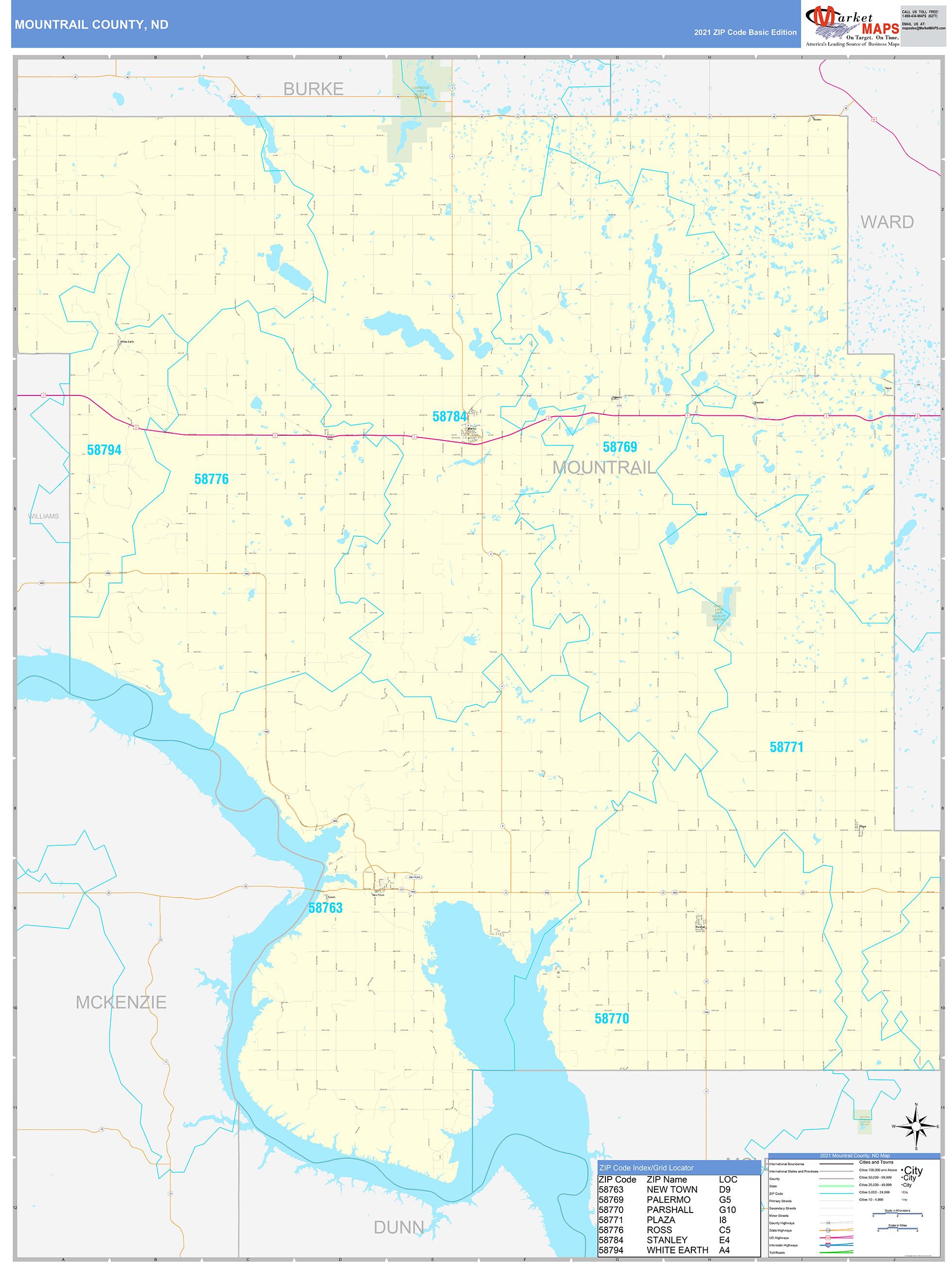 Mountrail County, ND Zip Code Wall Map Basic Style by MarketMAPS MapSales