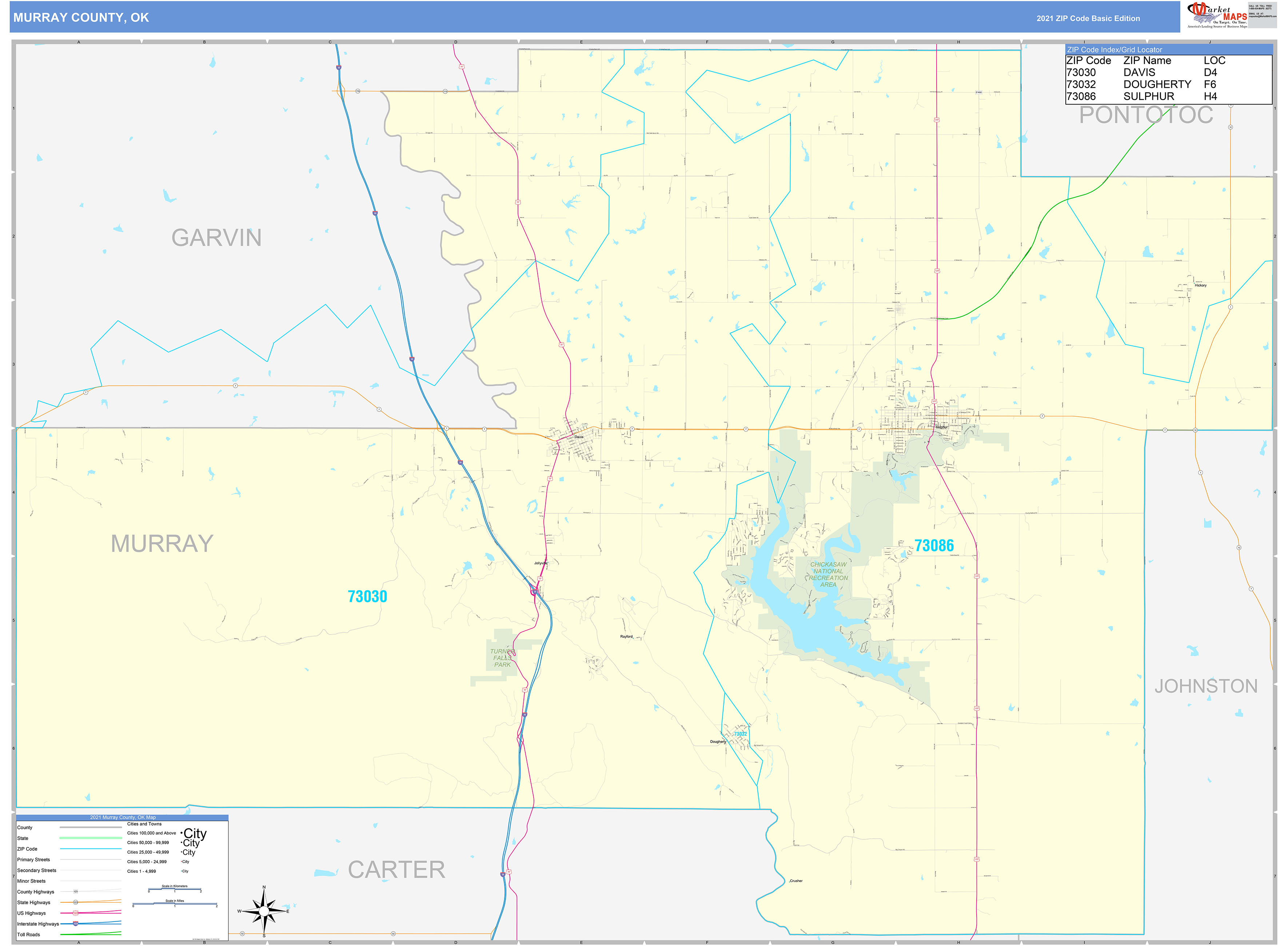 Murray County, OK Zip Code Wall Map Basic Style by MarketMAPS