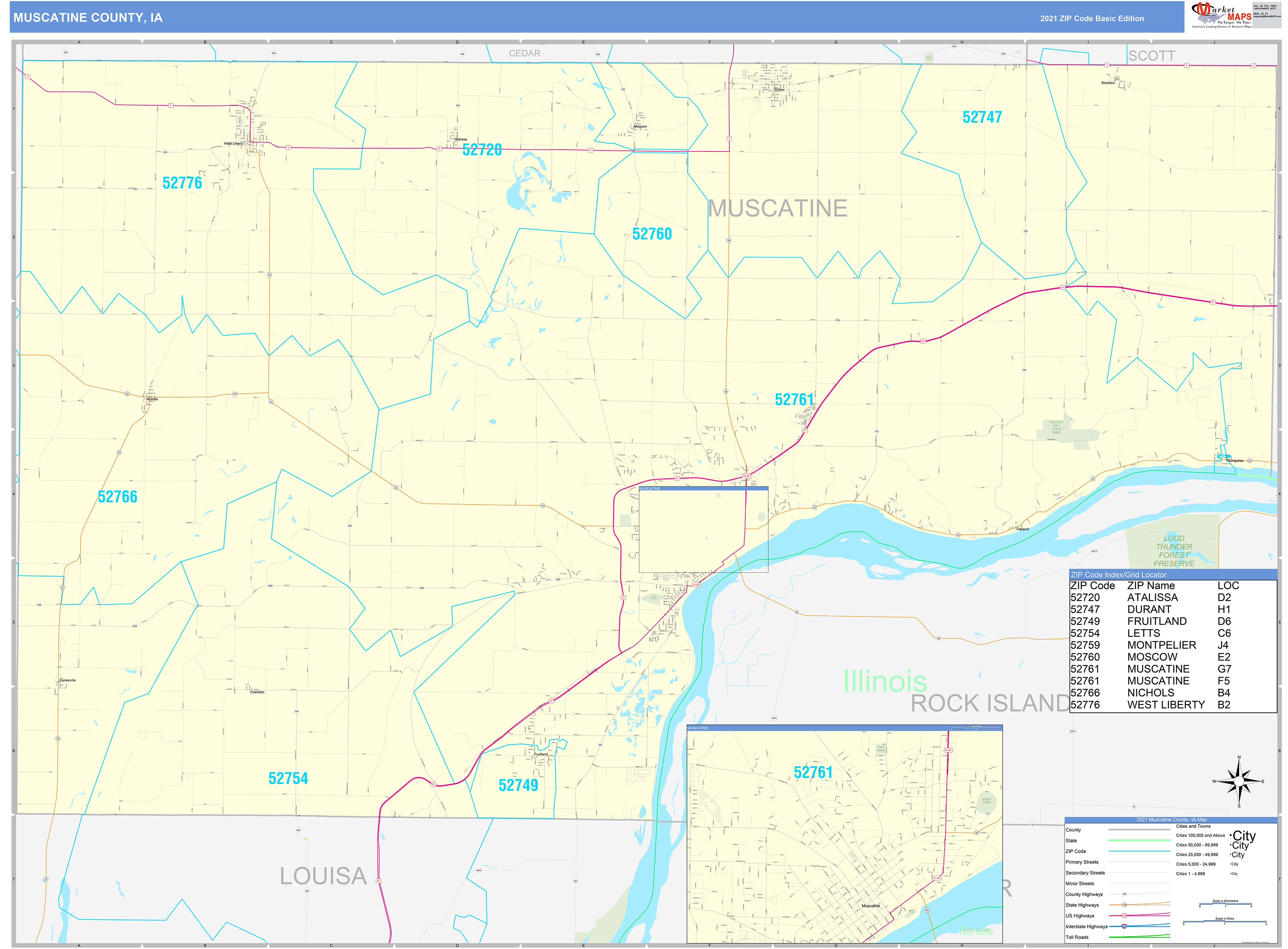 Muscatine County, IA Zip Code Wall Map Basic Style by MarketMAPS MapSales