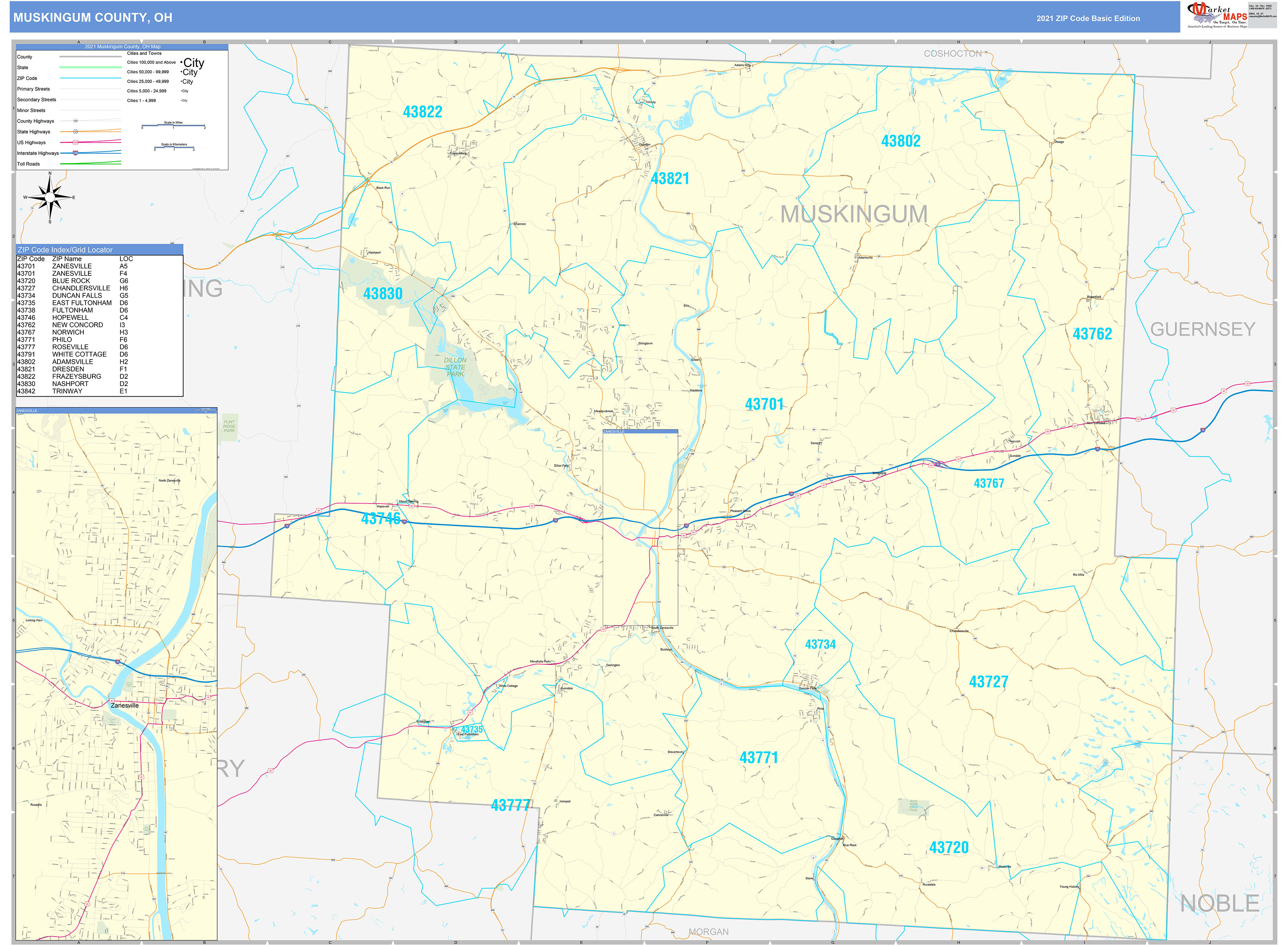 Muskingum County, OH Zip Code Wall Map Basic Style by MarketMAPS MapSales
