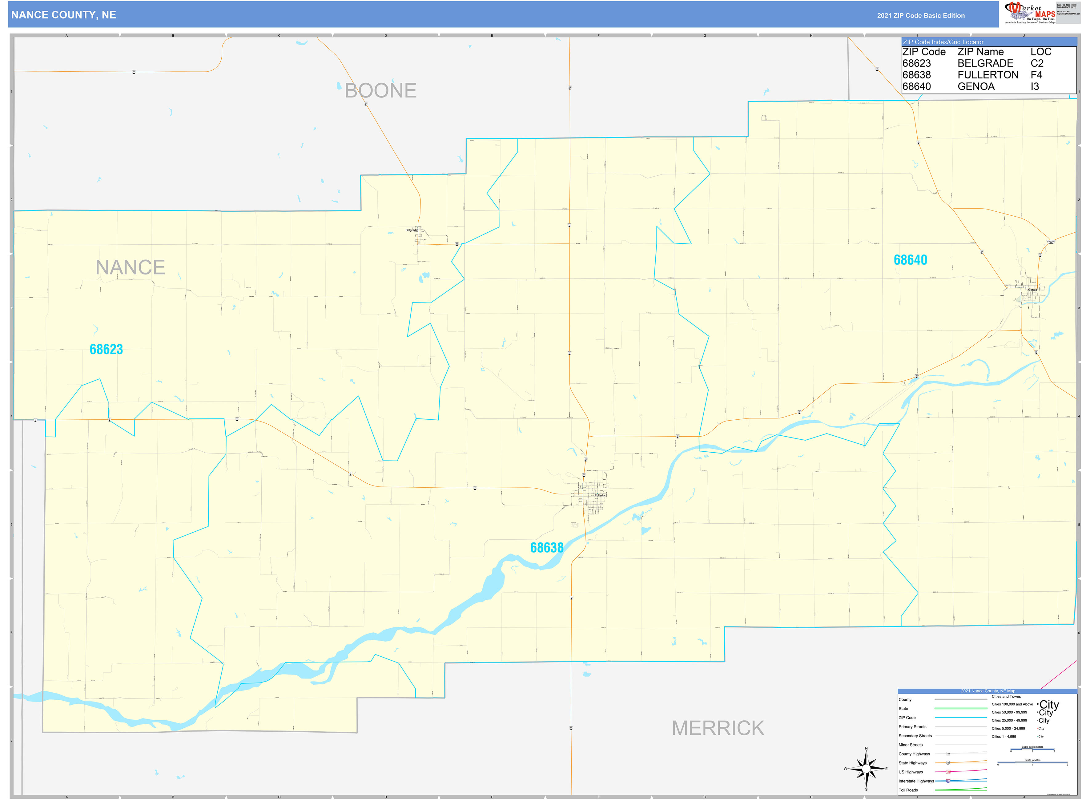 Nance County, NE Zip Code Wall Map Basic Style by MarketMAPS
