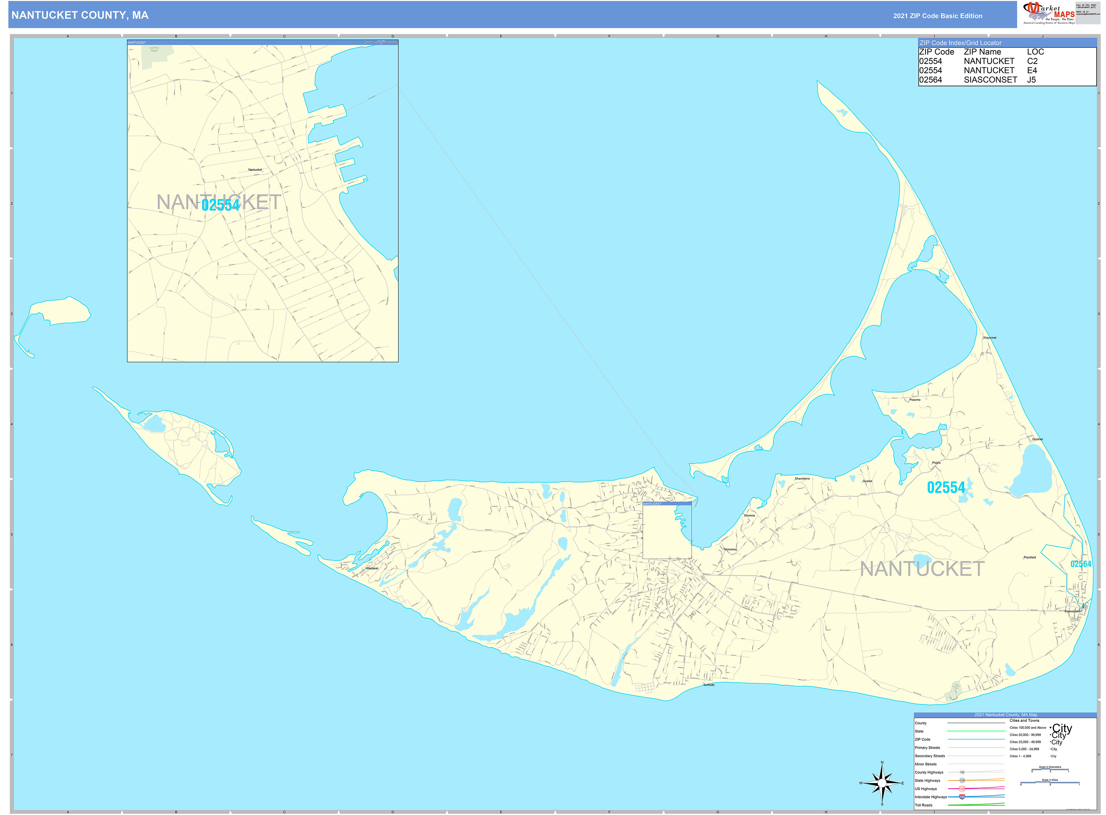 Nantucket County, MA Zip Code Wall Map Basic Style by MarketMAPS