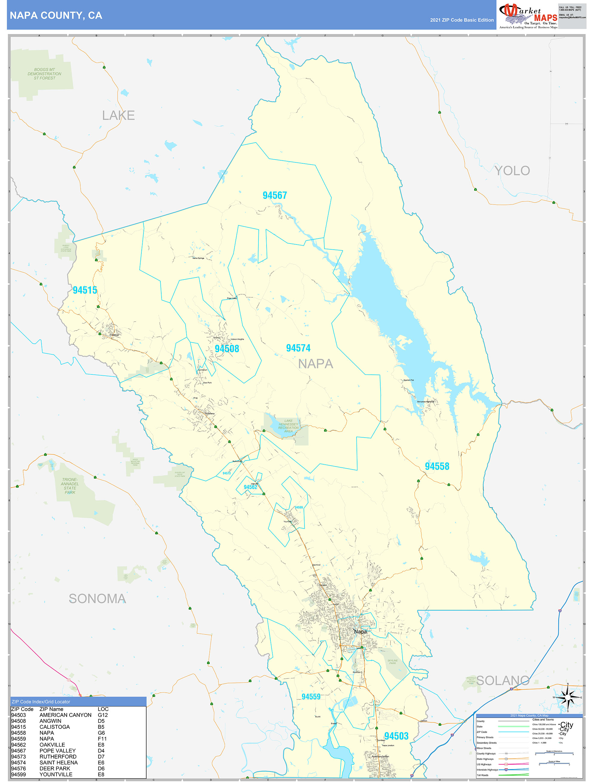Napa County, CA Zip Code Wall Map Basic Style by MarketMAPS MapSales