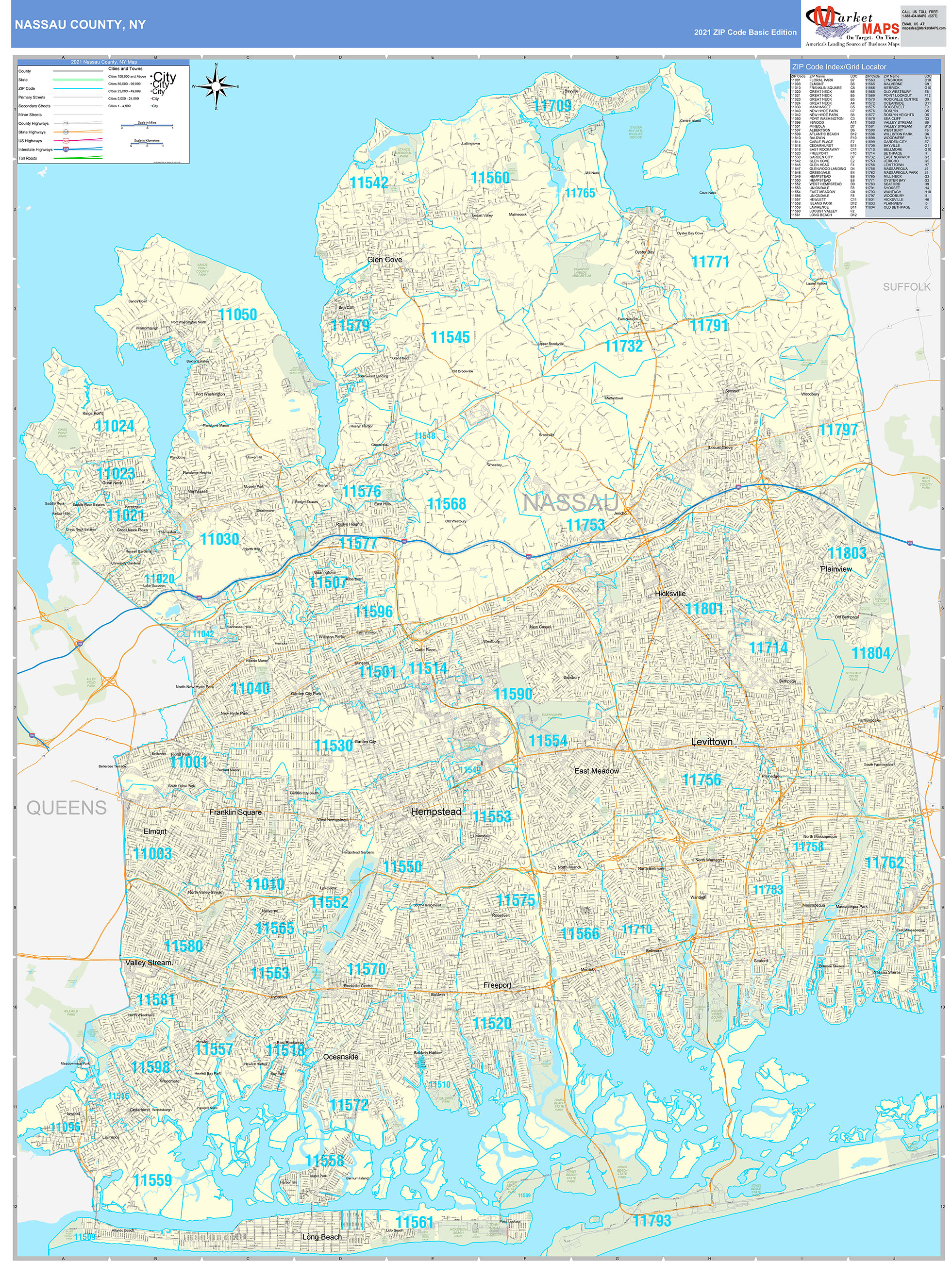 Nassau County, NY Zip Code Wall Map Basic Style by MarketMAPS - MapSales