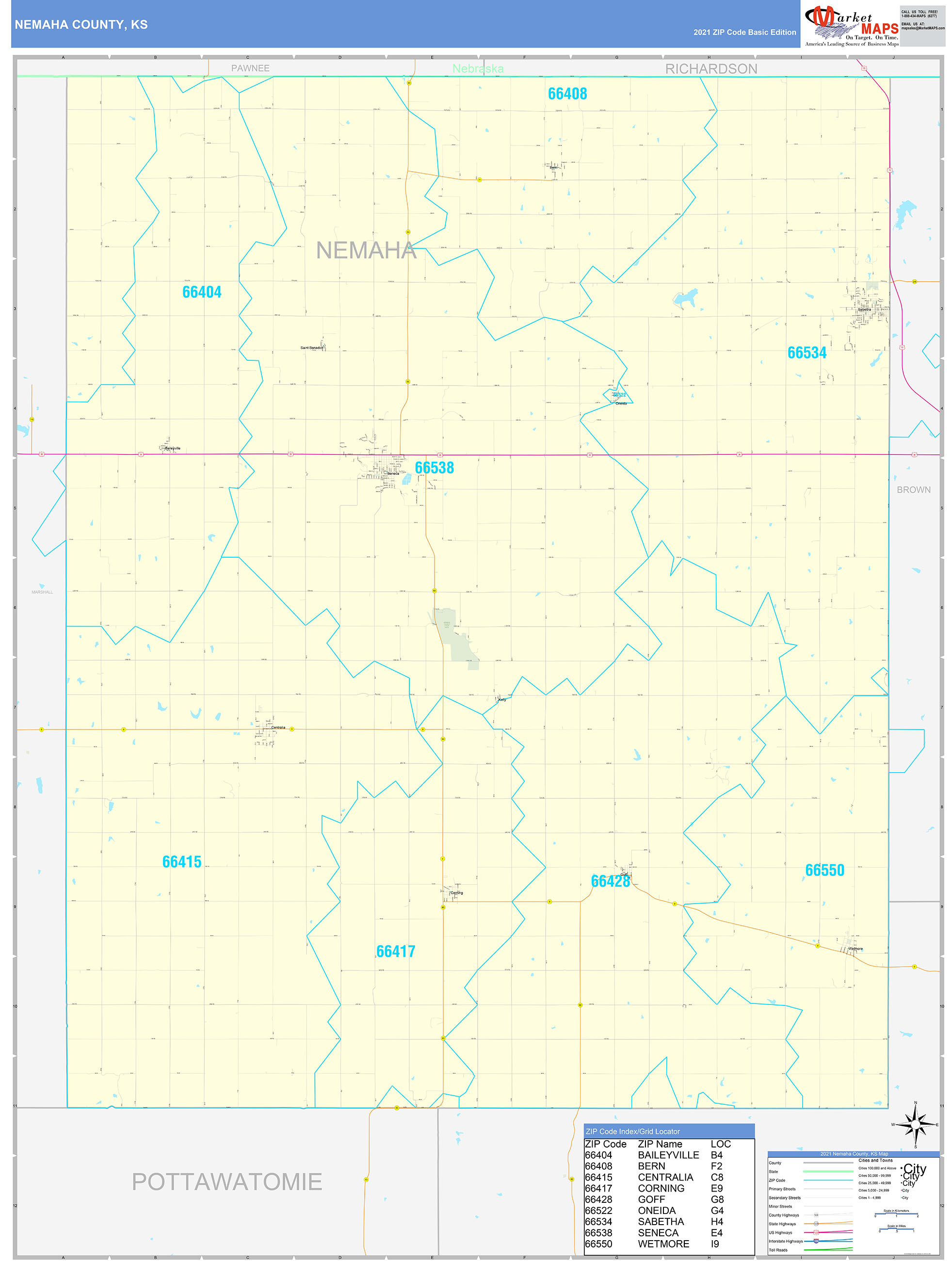 Nemaha County, KS Zip Code Wall Map Basic Style by MarketMAPS