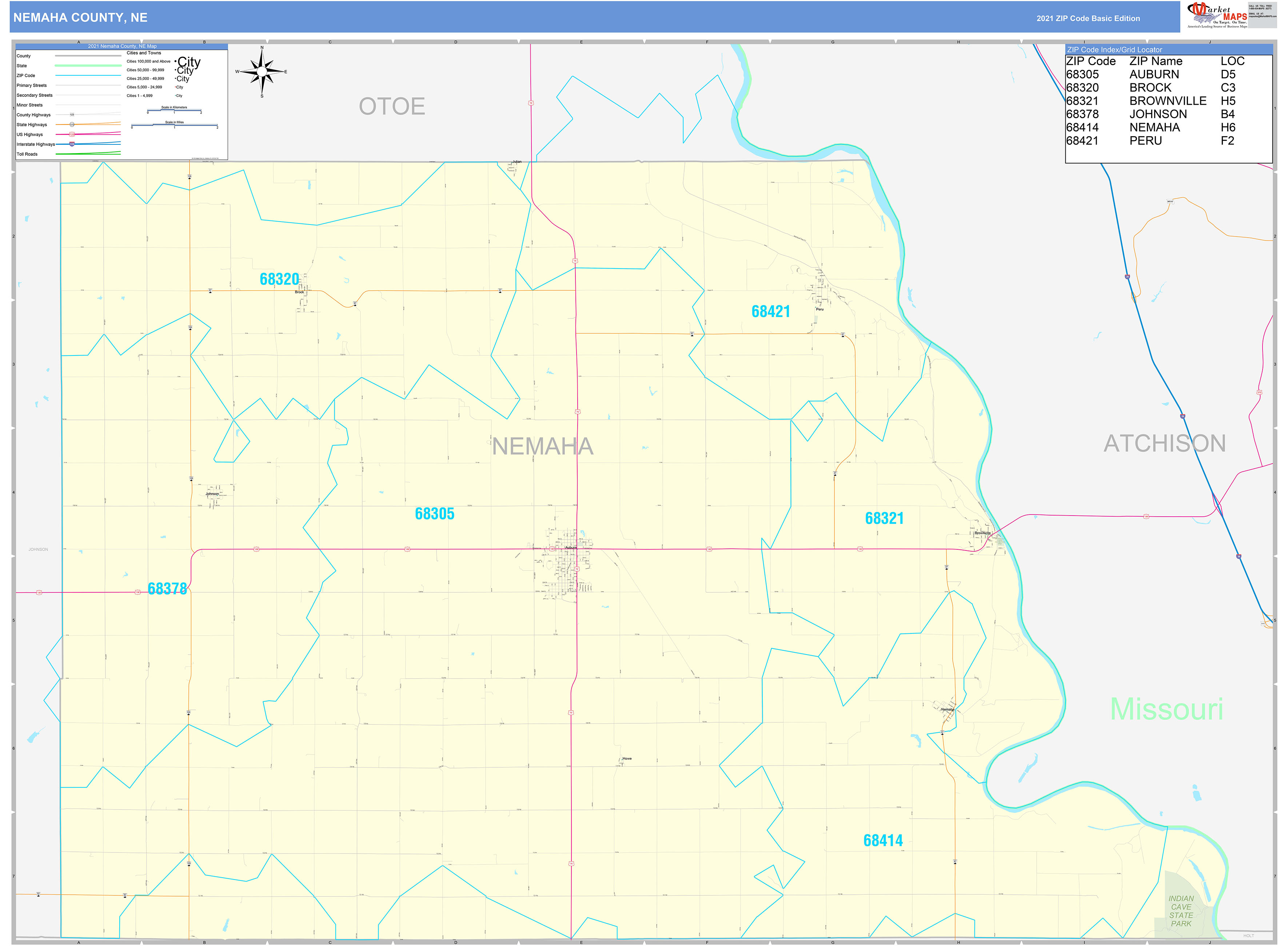 Nemaha County, NE Zip Code Wall Map Basic Style by MarketMAPS