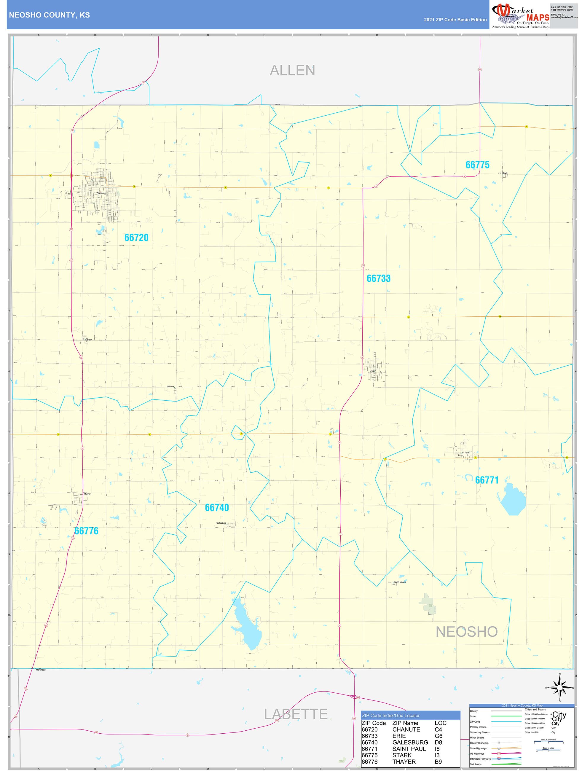 Neosho County, KS Zip Code Wall Map Basic Style by MarketMAPS MapSales