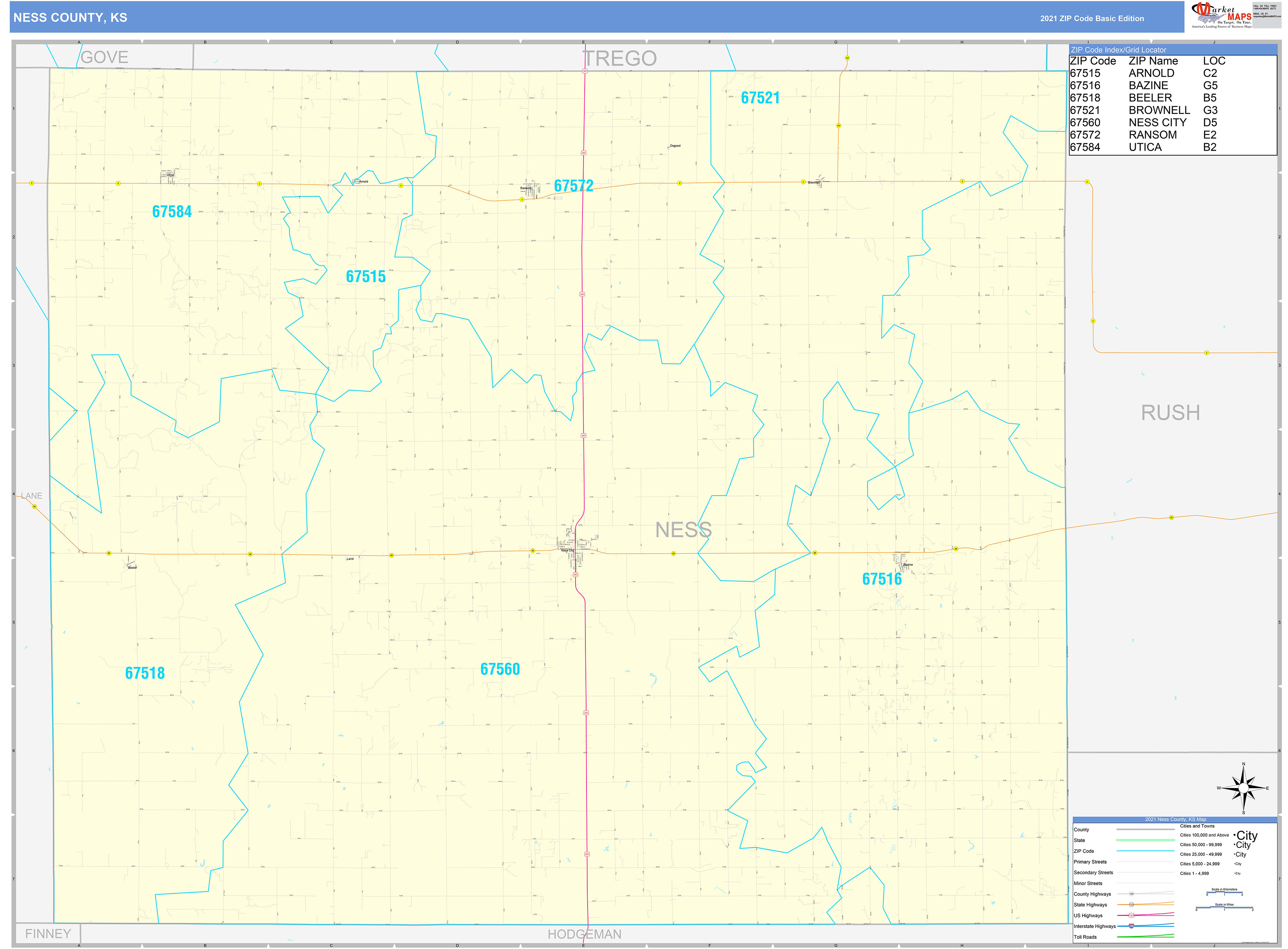 Ness County, KS Zip Code Wall Map Basic Style by MarketMAPS