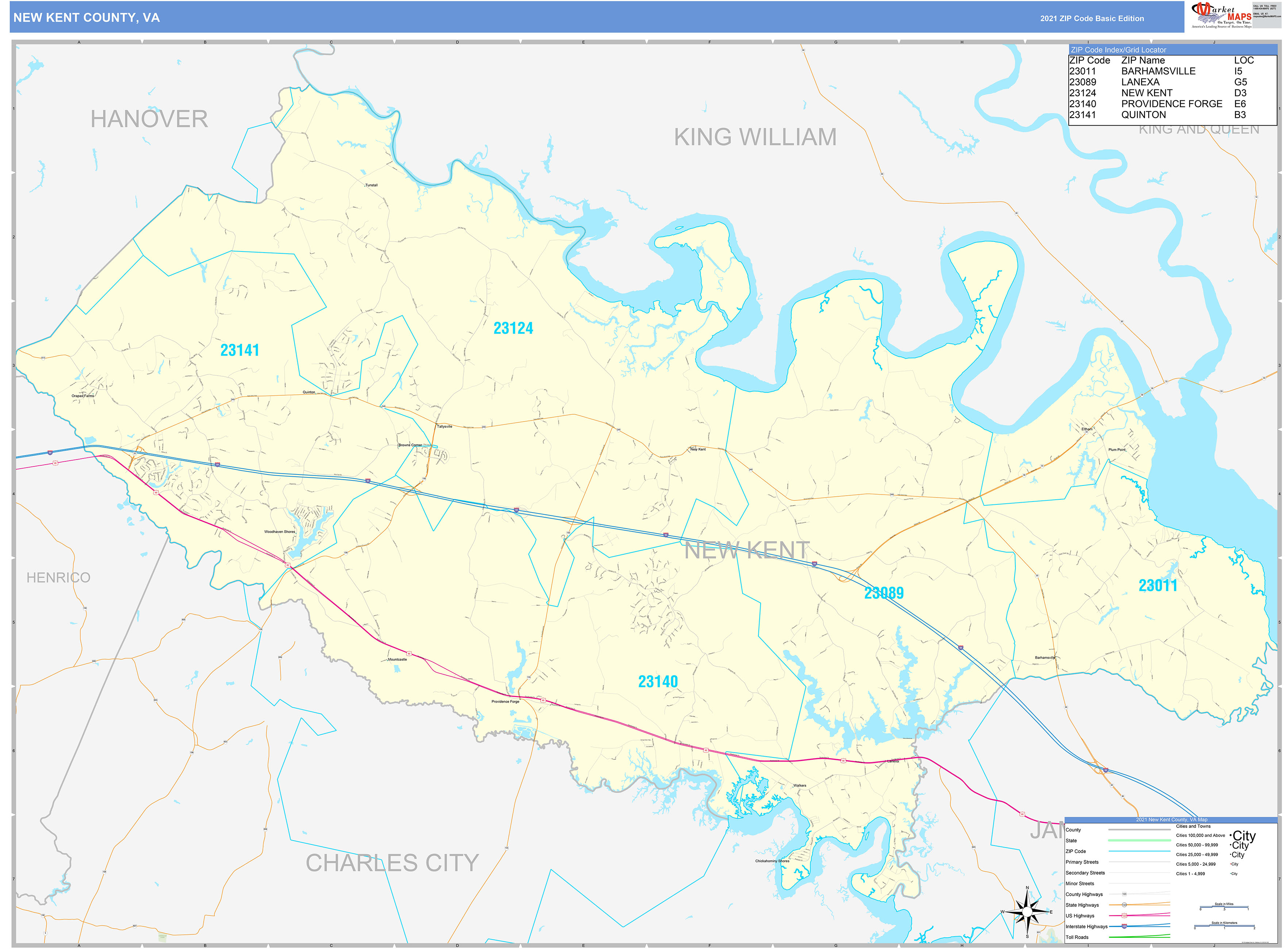 New Kent County, VA Zip Code Wall Map Basic Style by MarketMAPS