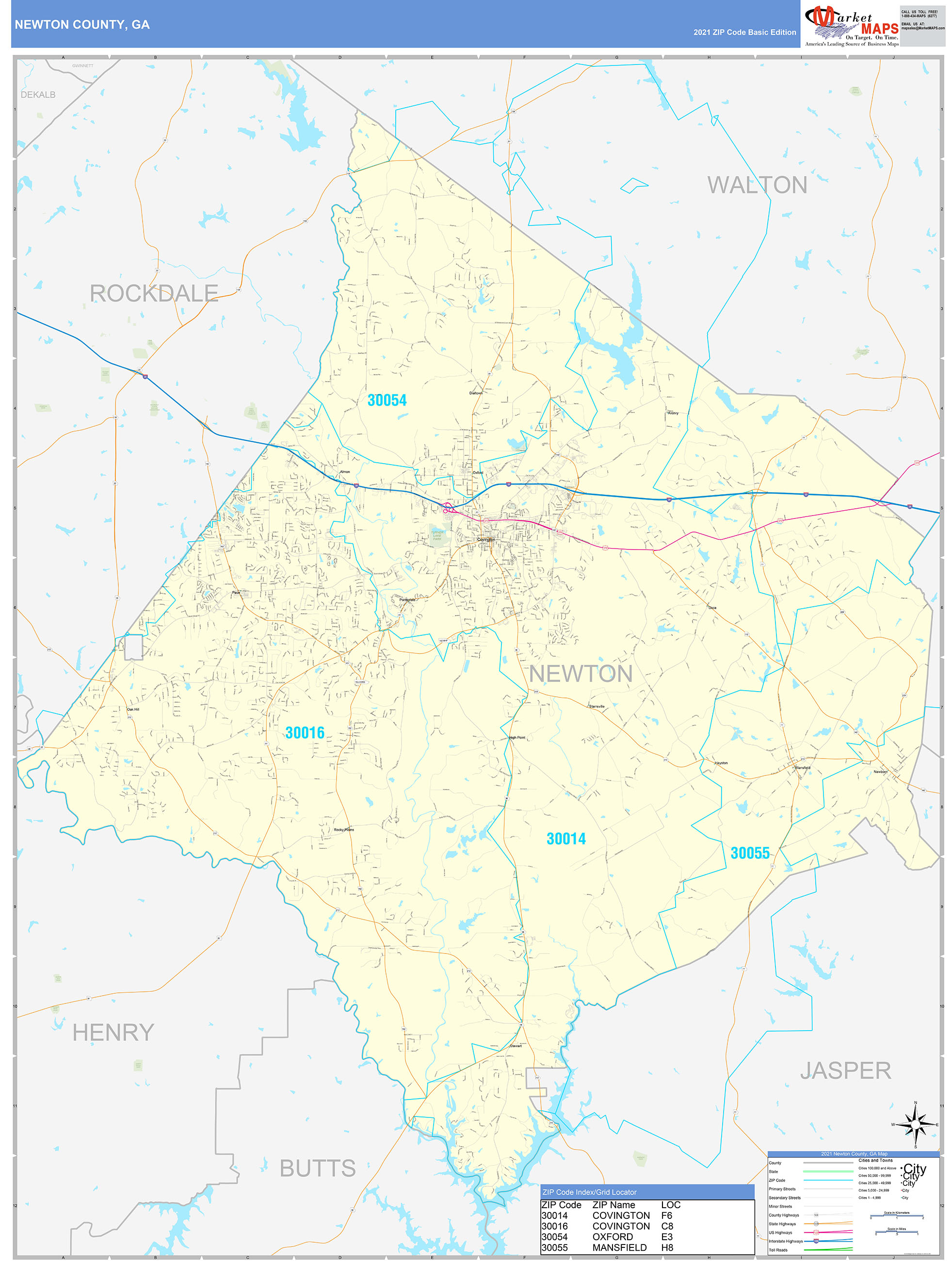 Newton County, GA Zip Code Wall Map Basic Style by MarketMAPS MapSales