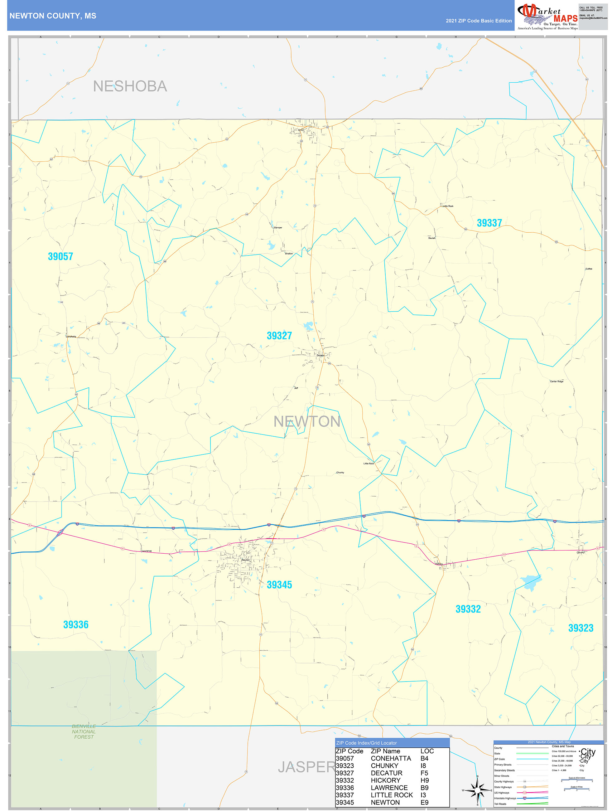 Newton County, MS Zip Code Wall Map Basic Style by MarketMAPS