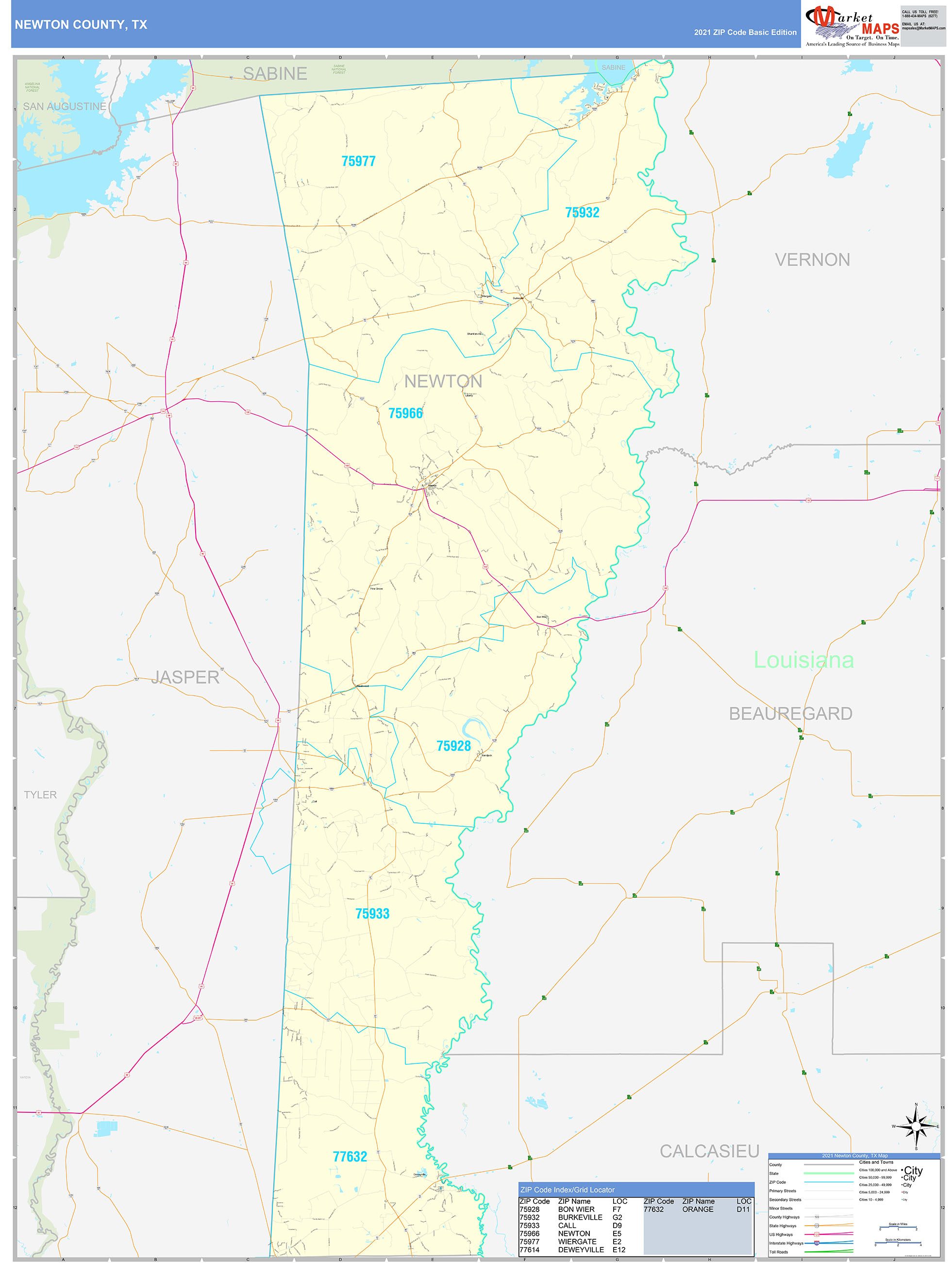 Newton County, TX Zip Code Wall Map Basic Style by MarketMAPS