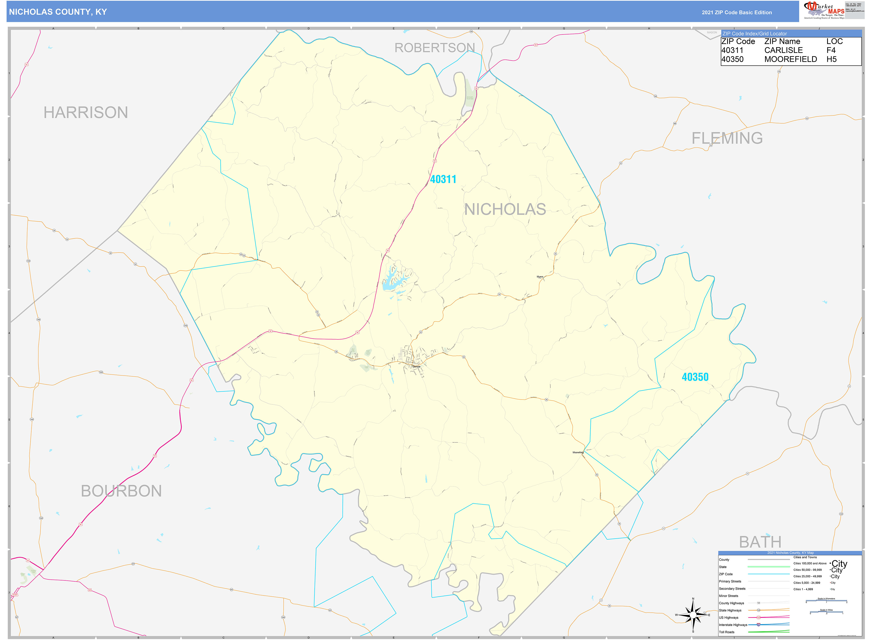 Nicholas County, KY Zip Code Wall Map Basic Style by MarketMAPS MapSales