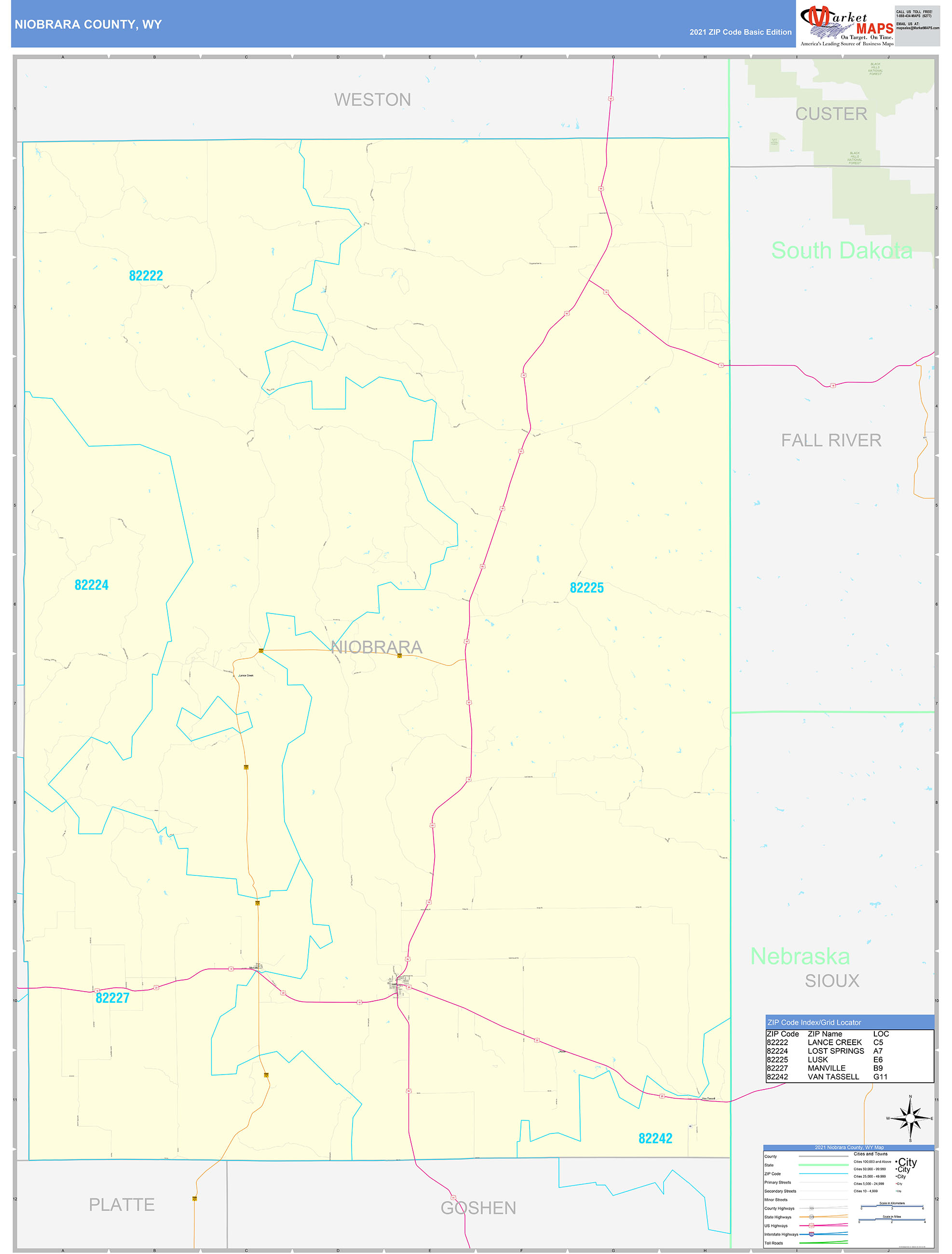 Niobrara County, WY Zip Code Wall Map Basic Style by MarketMAPS