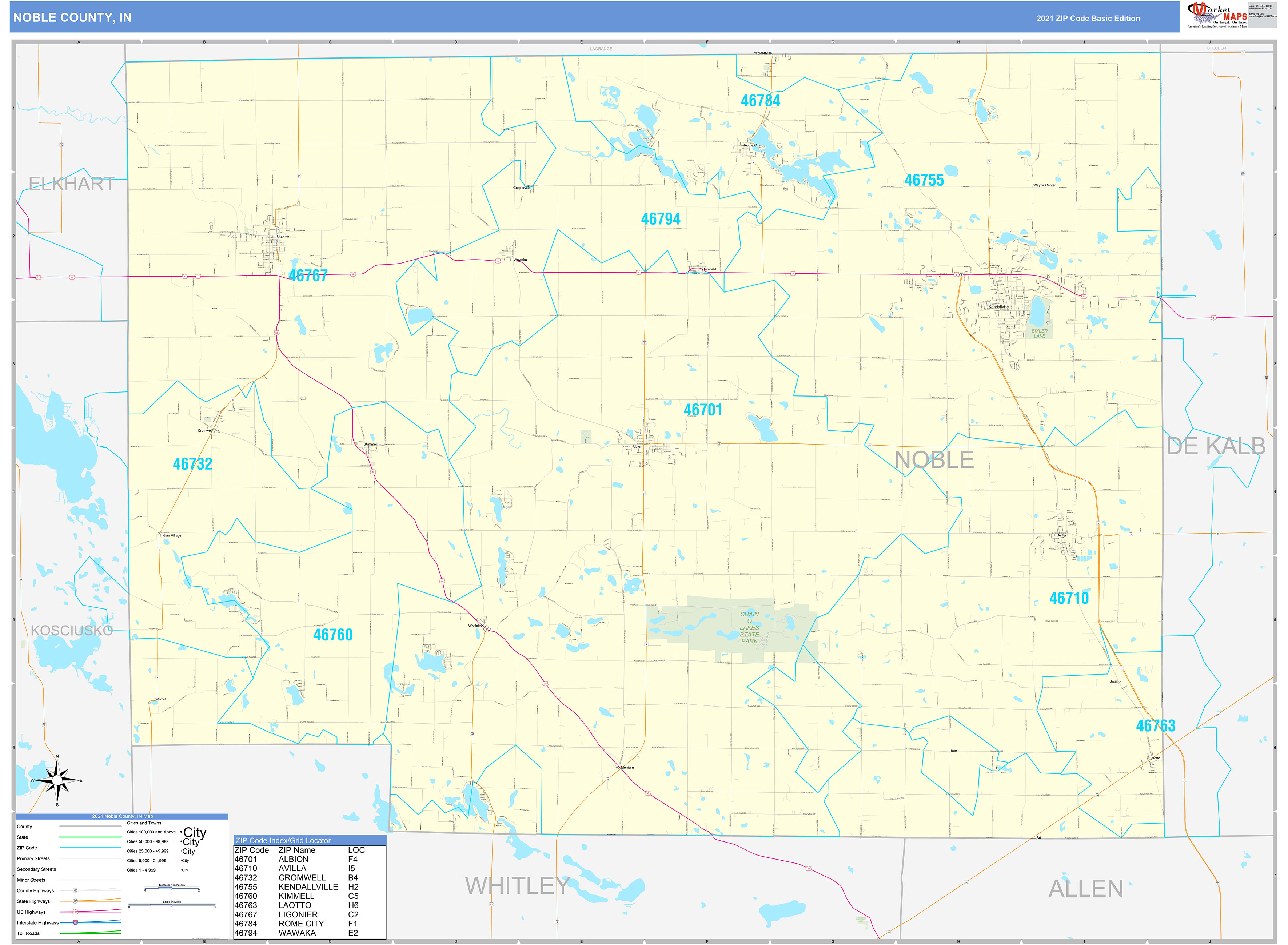 Noble County, IN Zip Code Wall Map Basic Style by MarketMAPS MapSales
