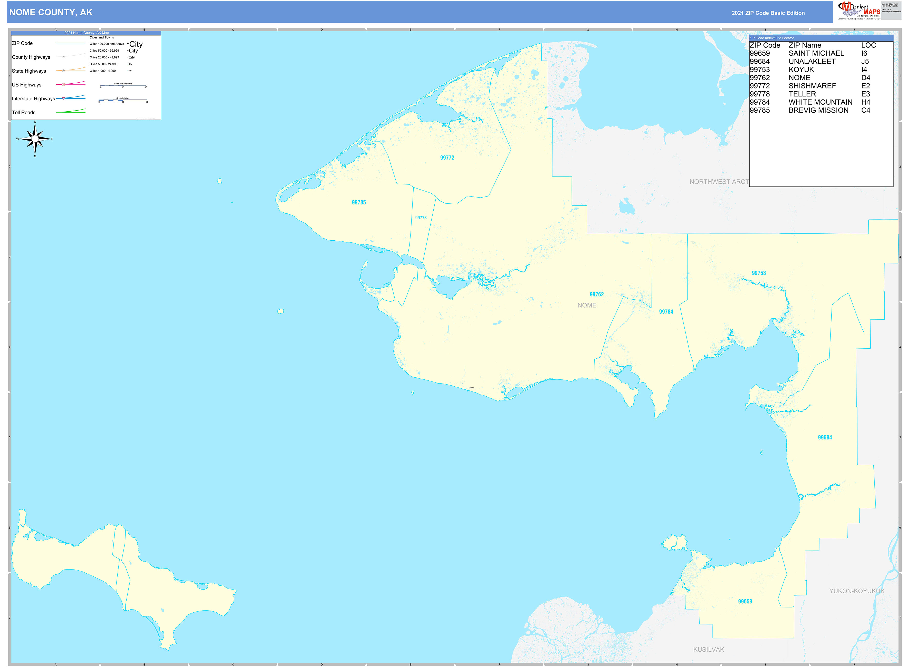 Nome County, AK Zip Code Wall Map Basic Style by MarketMAPS