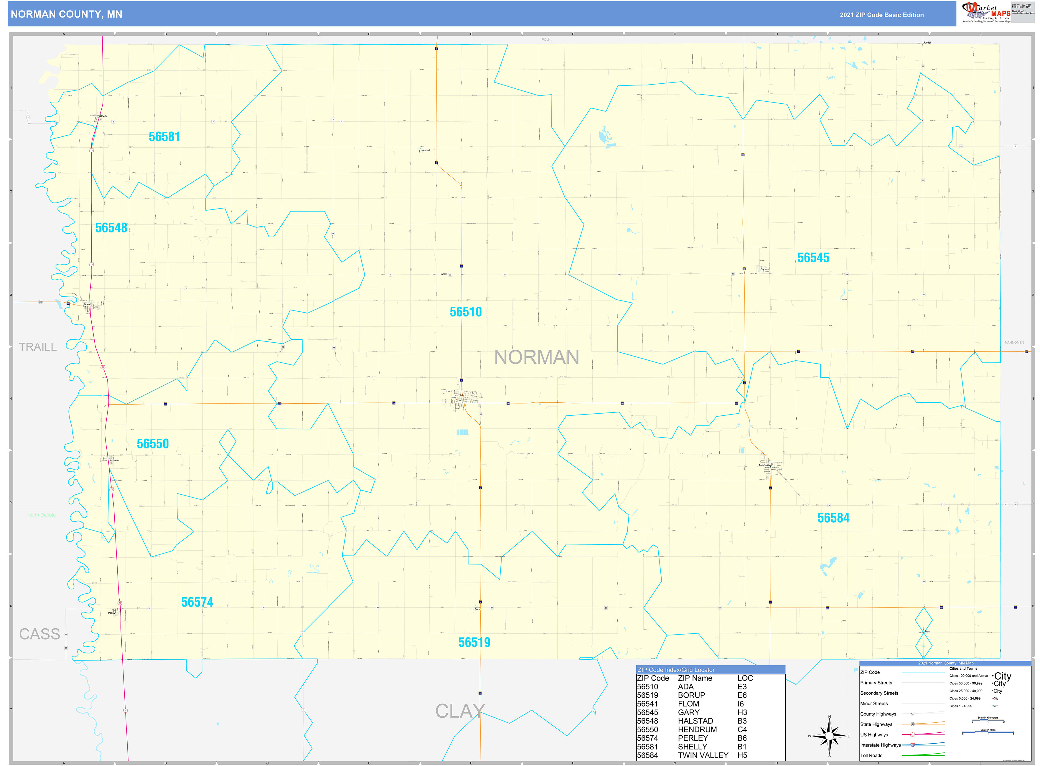 Norman County, MN Zip Code Wall Map Basic Style by MarketMAPS