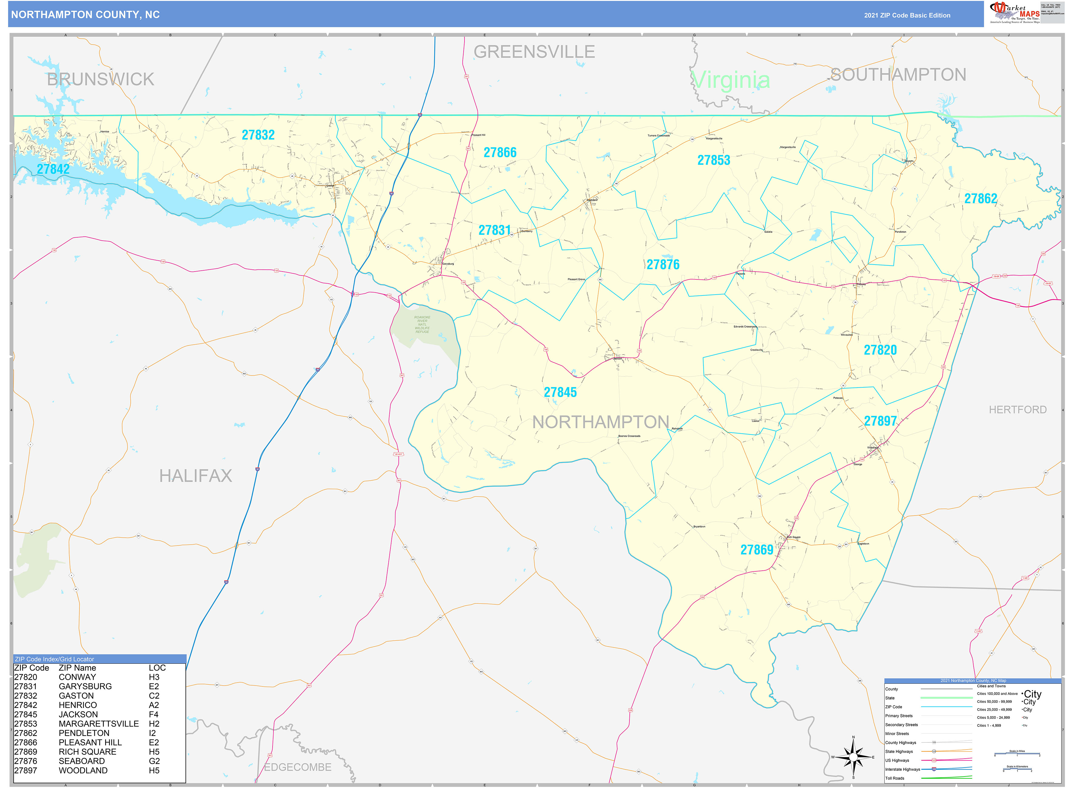 Northampton County, NC Zip Code Wall Map Basic Style by MarketMAPS