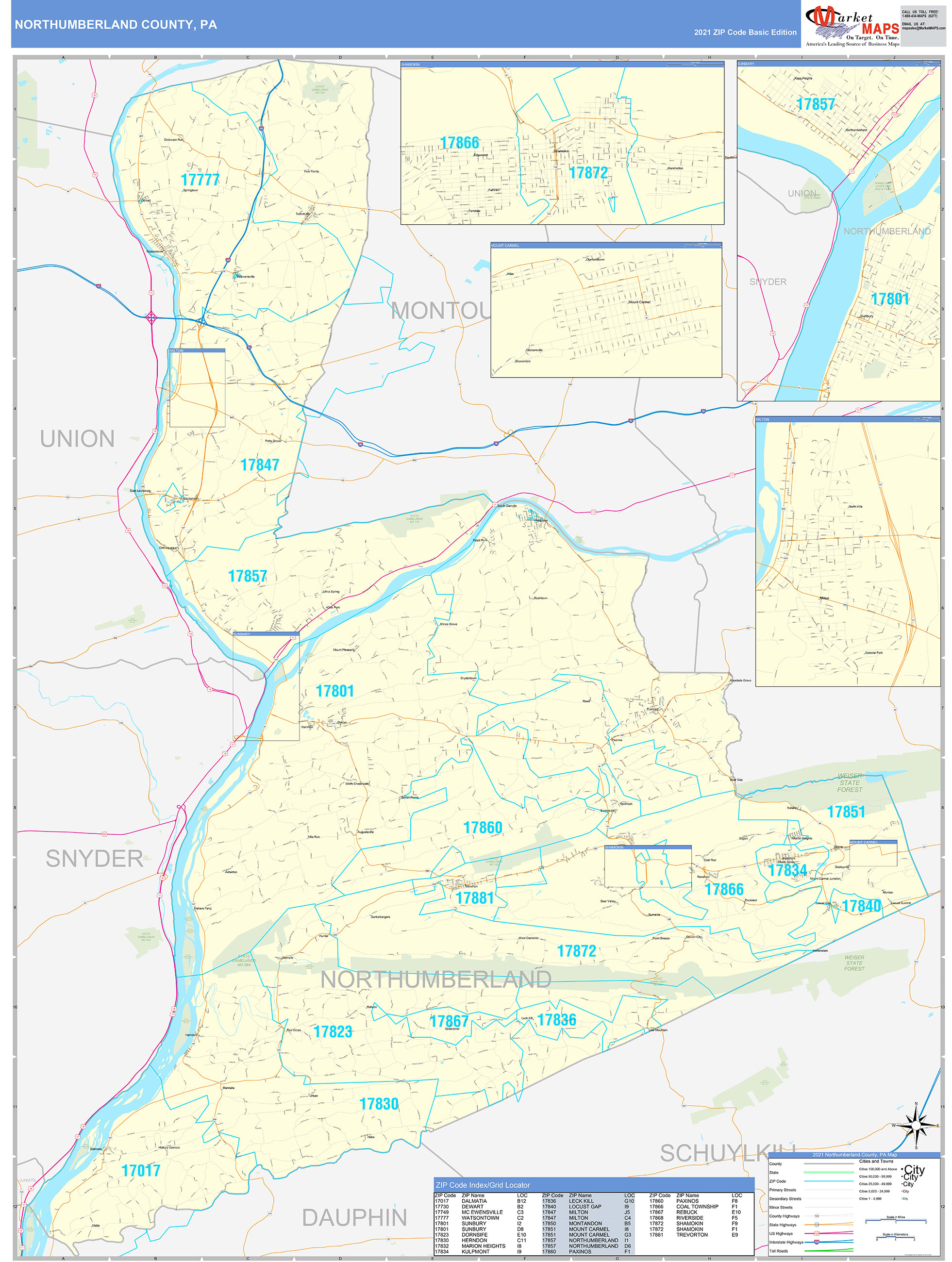 Northumberland County, PA Zip Code Wall Map Basic Style by MarketMAPS