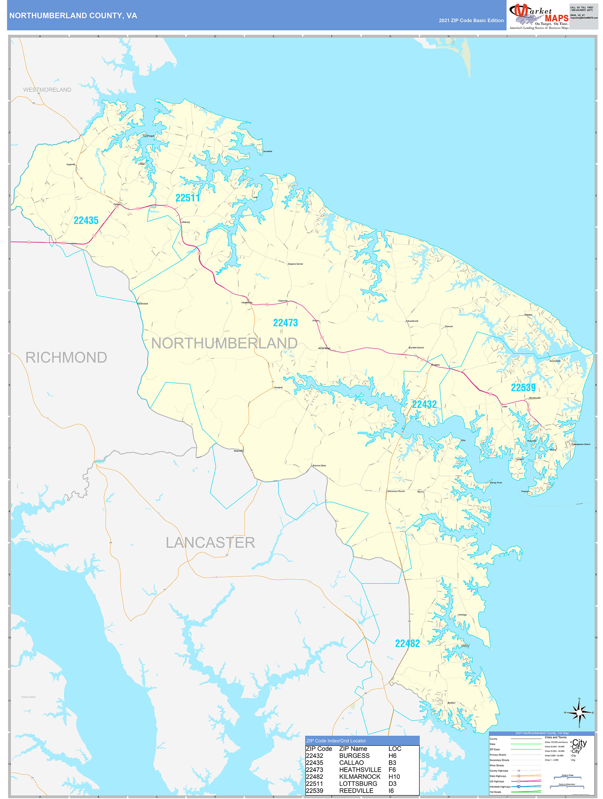 Northumberland County, VA Zip Code Wall Map Basic Style by MarketMAPS