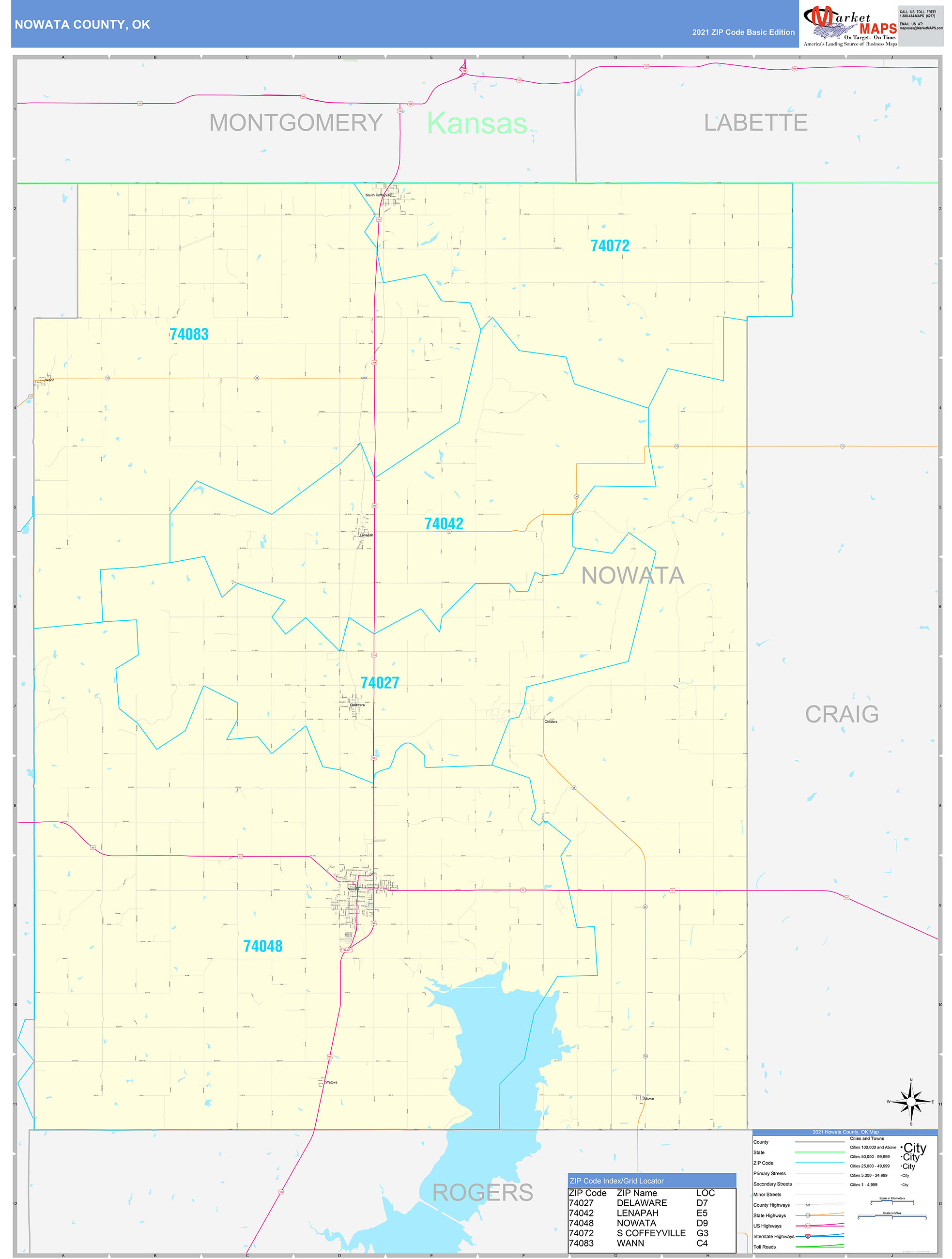 Nowata County, OK Zip Code Wall Map Basic Style by MarketMAPS MapSales