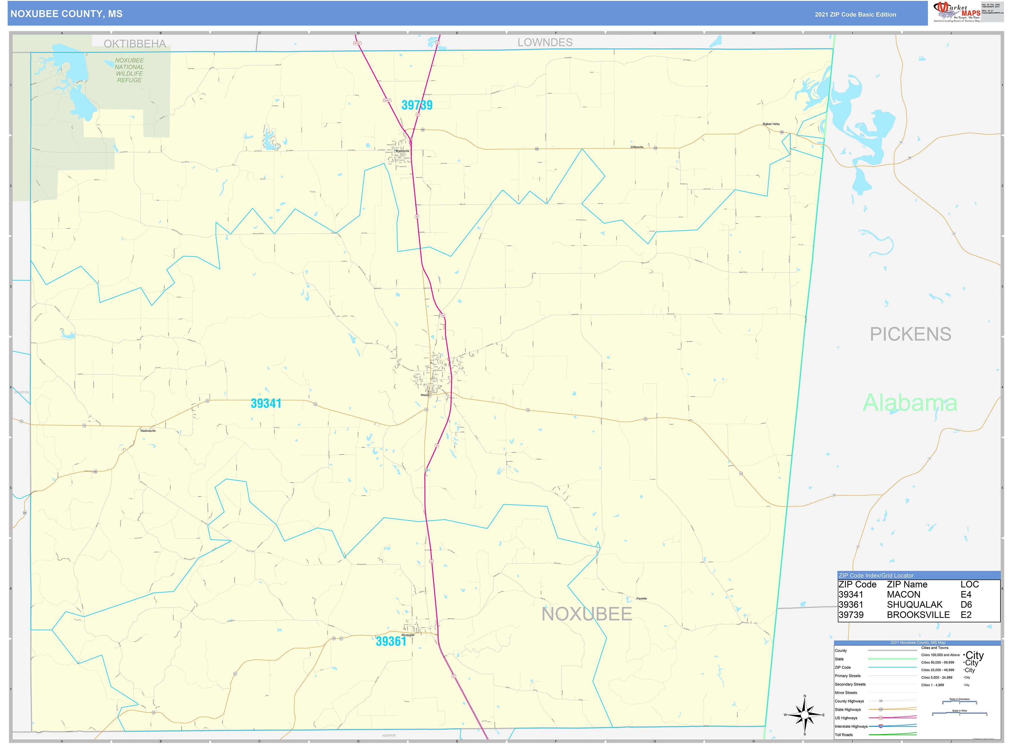 Noxubee County, MS Zip Code Wall Map Basic Style by MarketMAPS