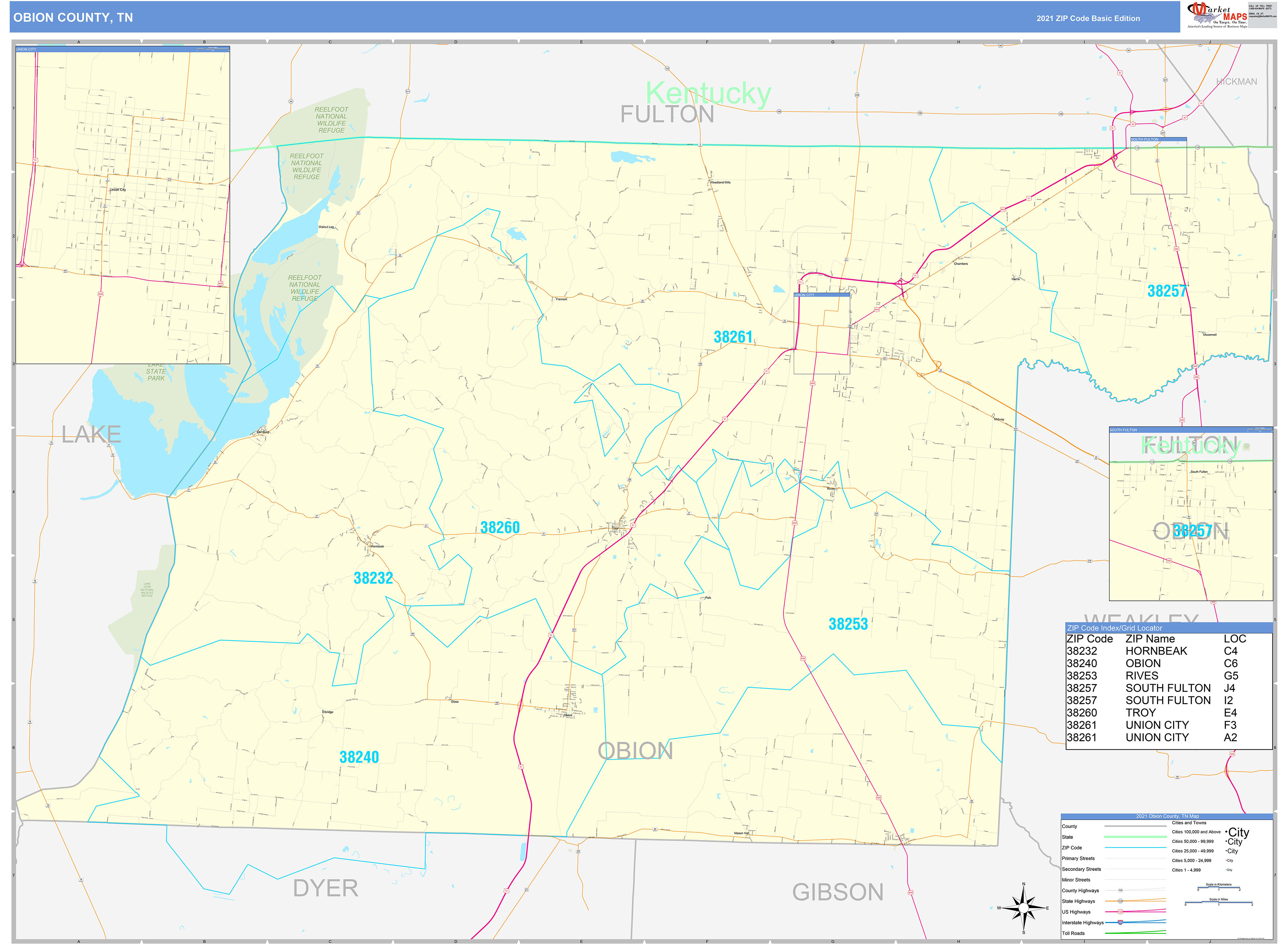 Obion County, TN Zip Code Wall Map Basic Style by MarketMAPS