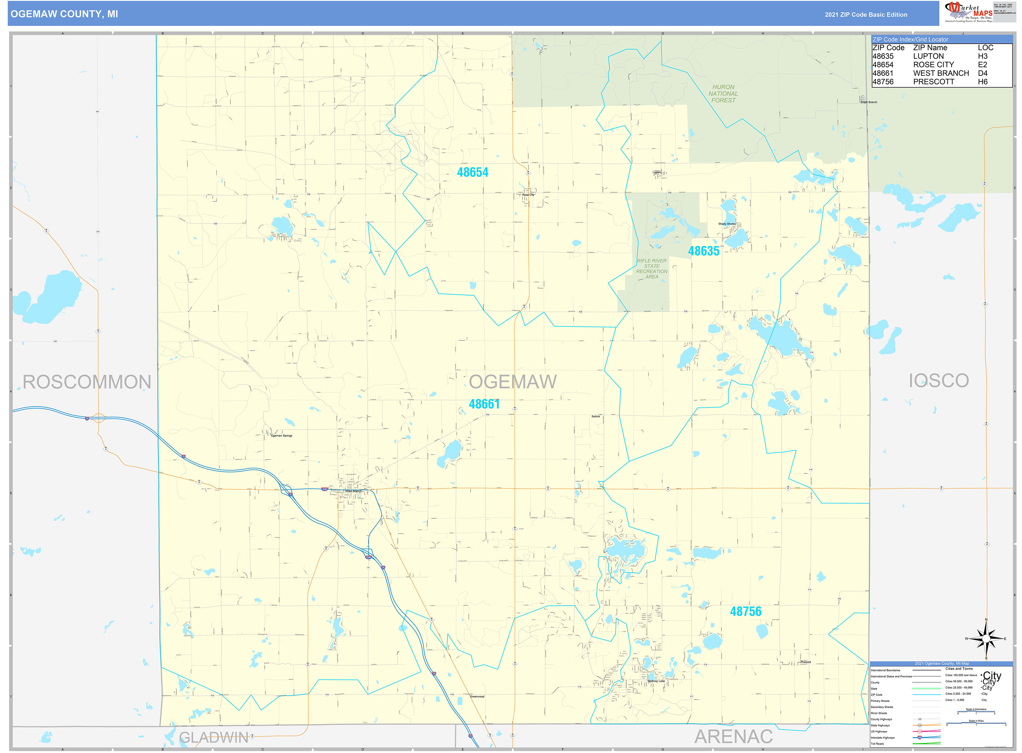 Ogemaw County, MI Zip Code Wall Map Basic Style by MarketMAPS MapSales