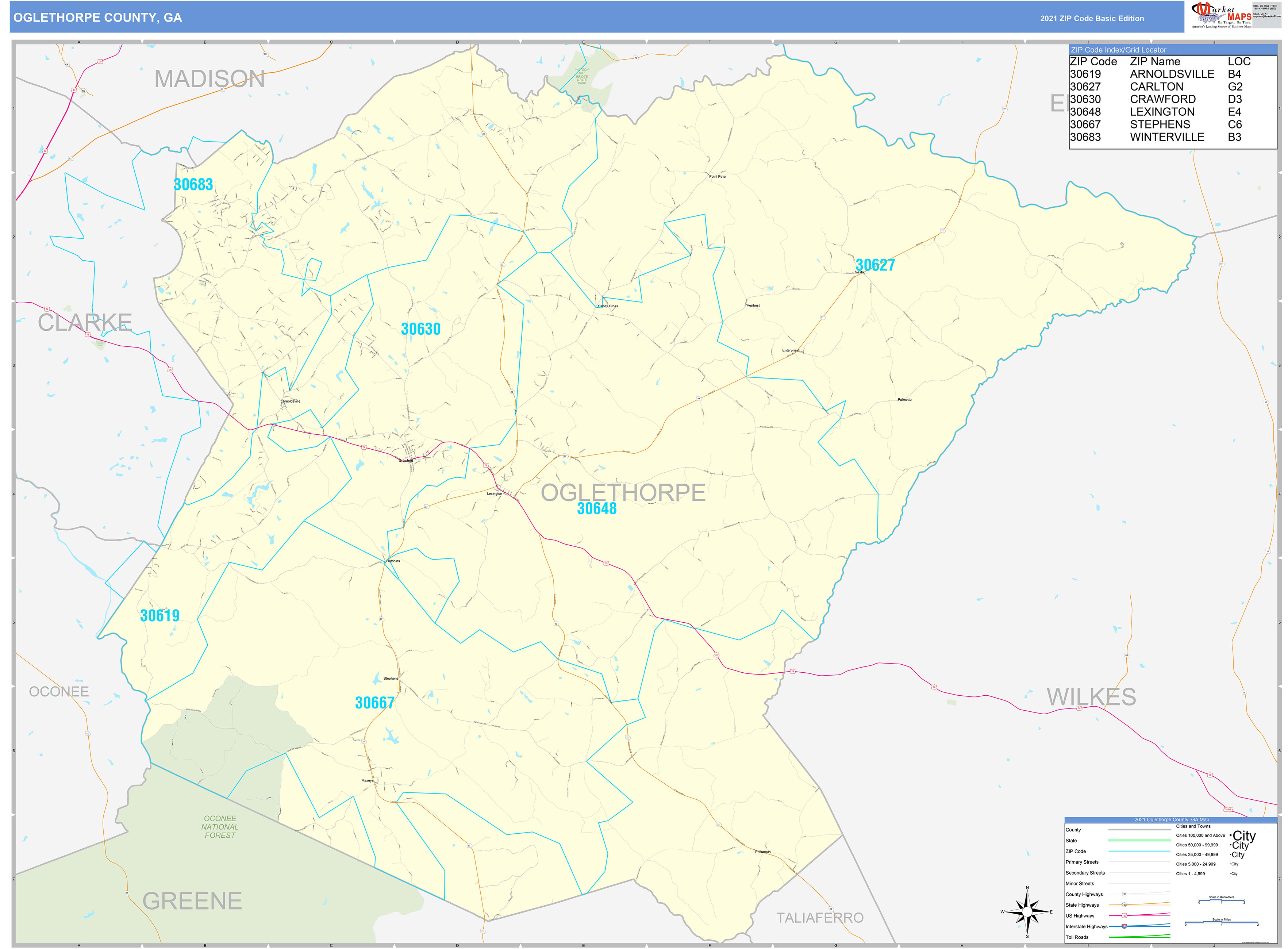 Oglethorpe County, GA Zip Code Wall Map Basic Style by MarketMAPS
