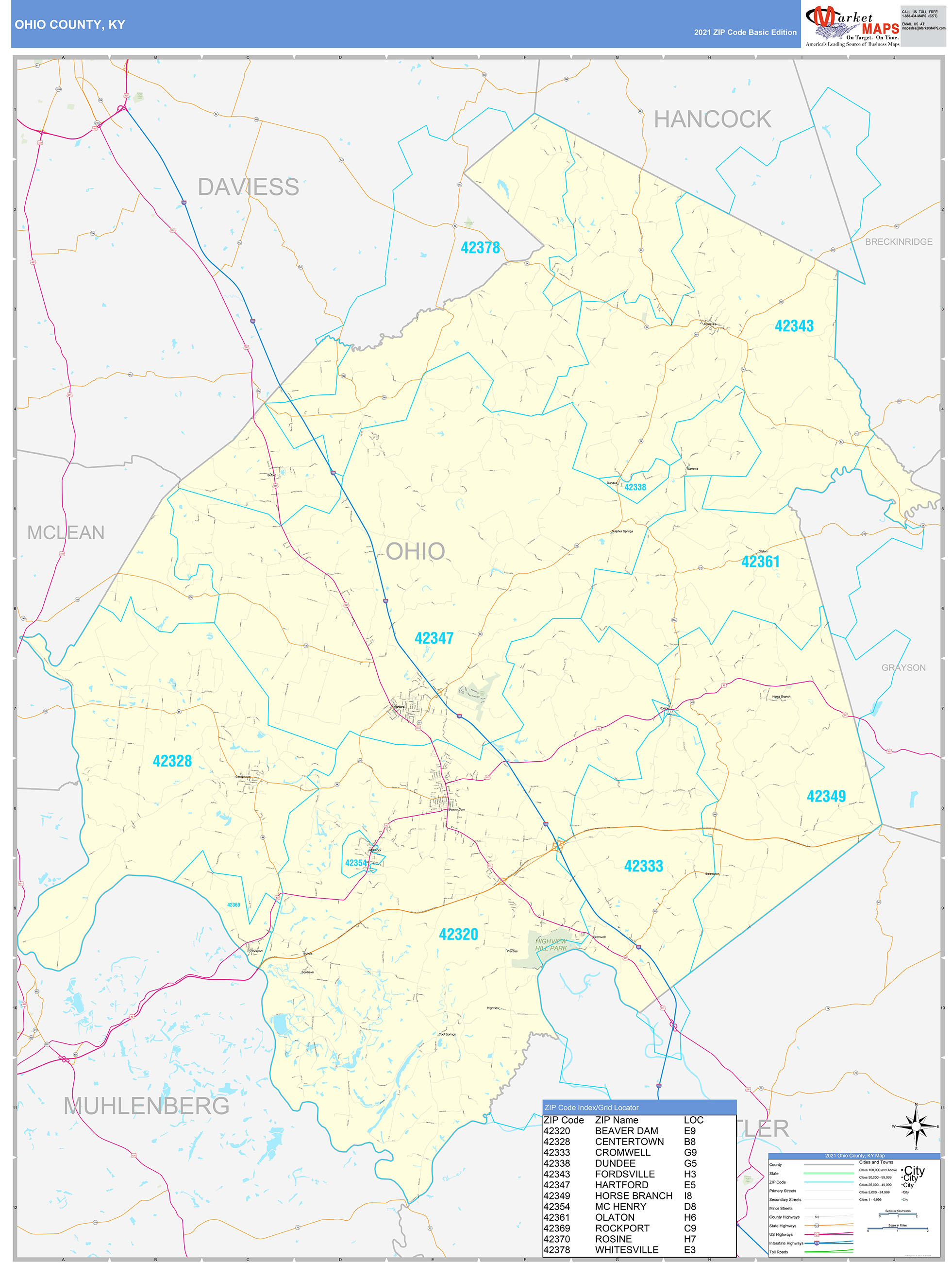 Ohio County, KY Zip Code Wall Map Basic Style by MarketMAPS