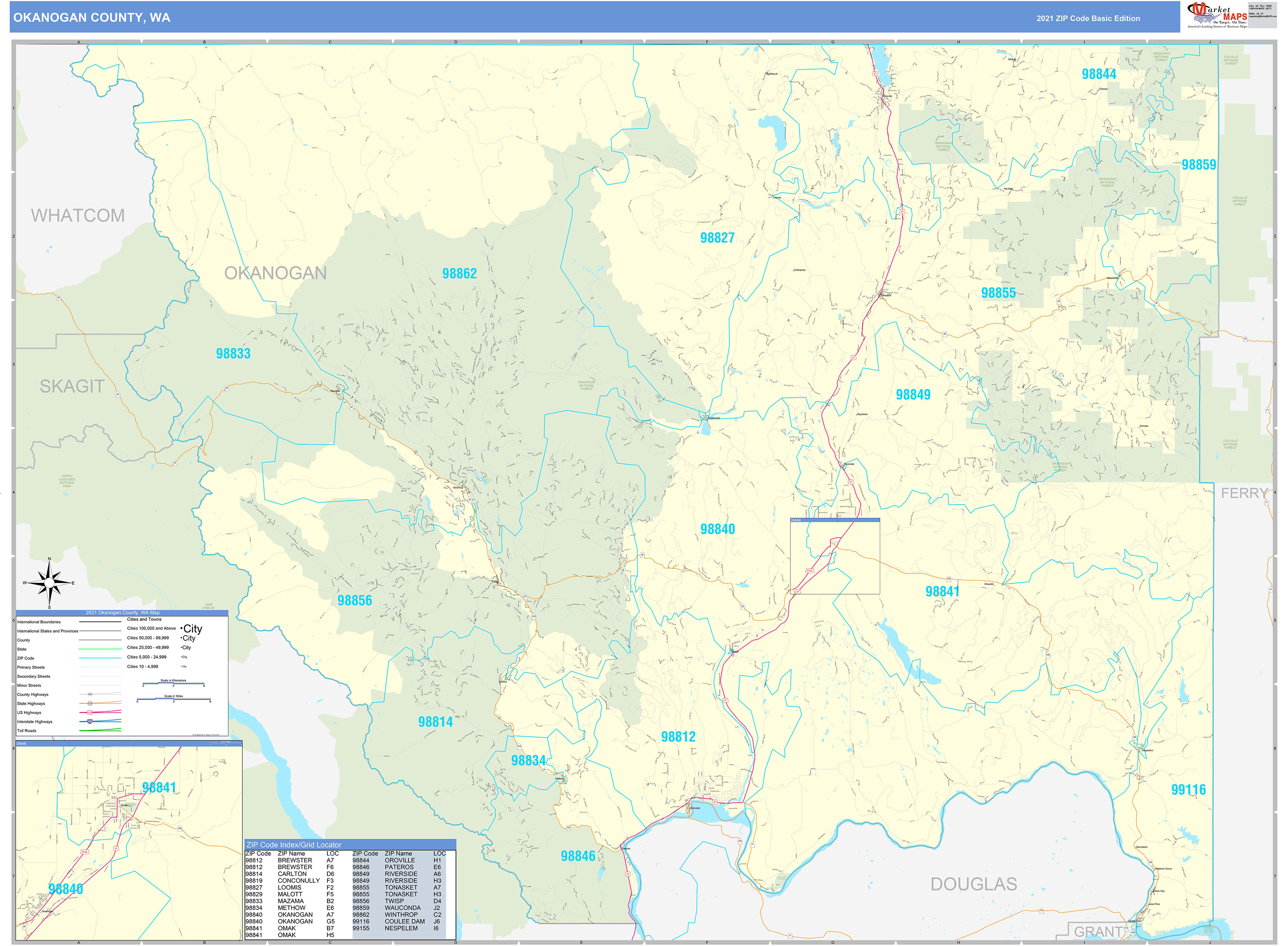 Okanogan County, WA Zip Code Wall Map Basic Style by MarketMAPS MapSales