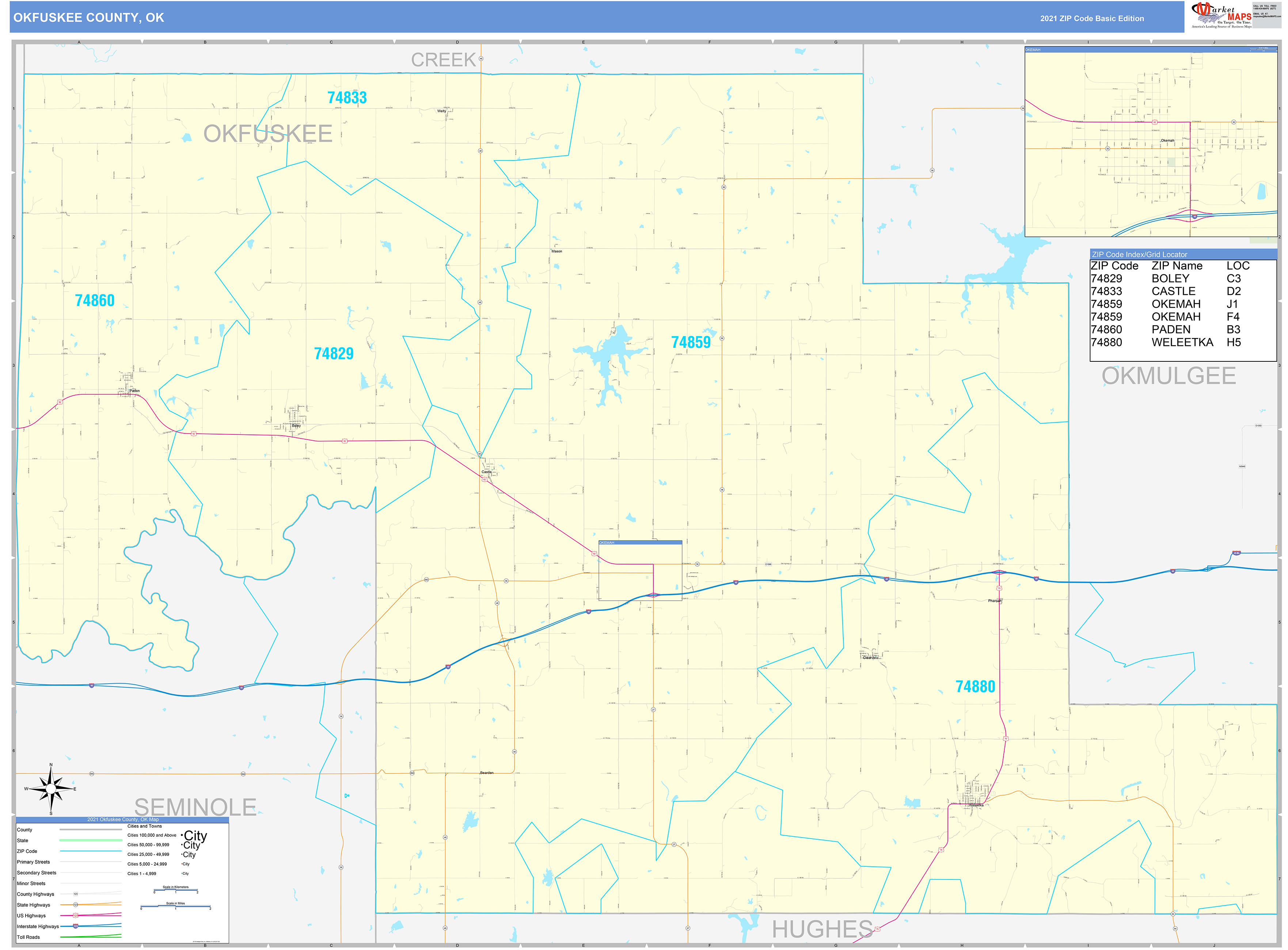 Okfuskee County, OK Zip Code Wall Map Basic Style by MarketMAPS MapSales