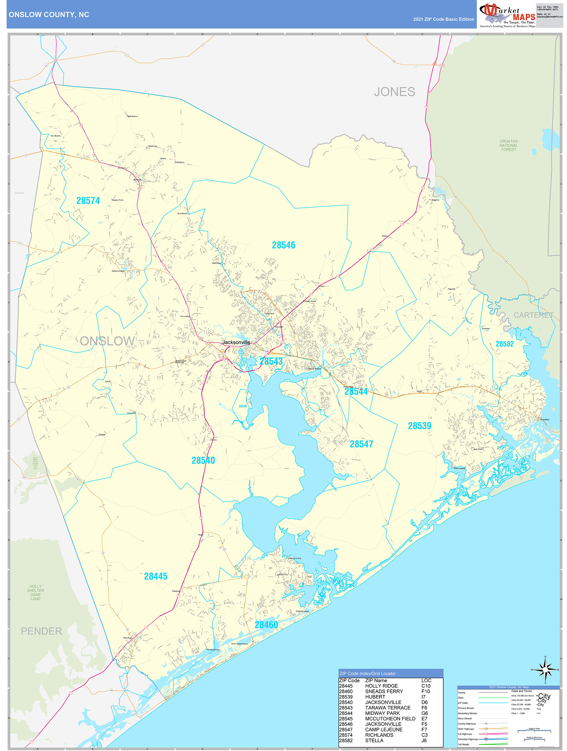 Onslow County, NC Zip Code Wall Map Basic Style by MarketMAPS MapSales
