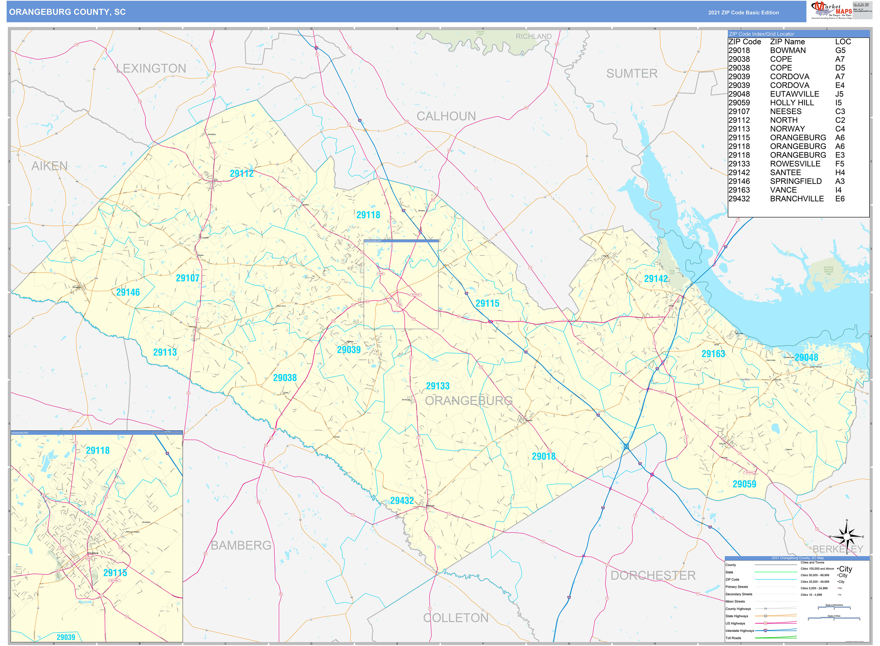 Orangeburg County, SC Zip Code Wall Map Basic Style by MarketMAPS