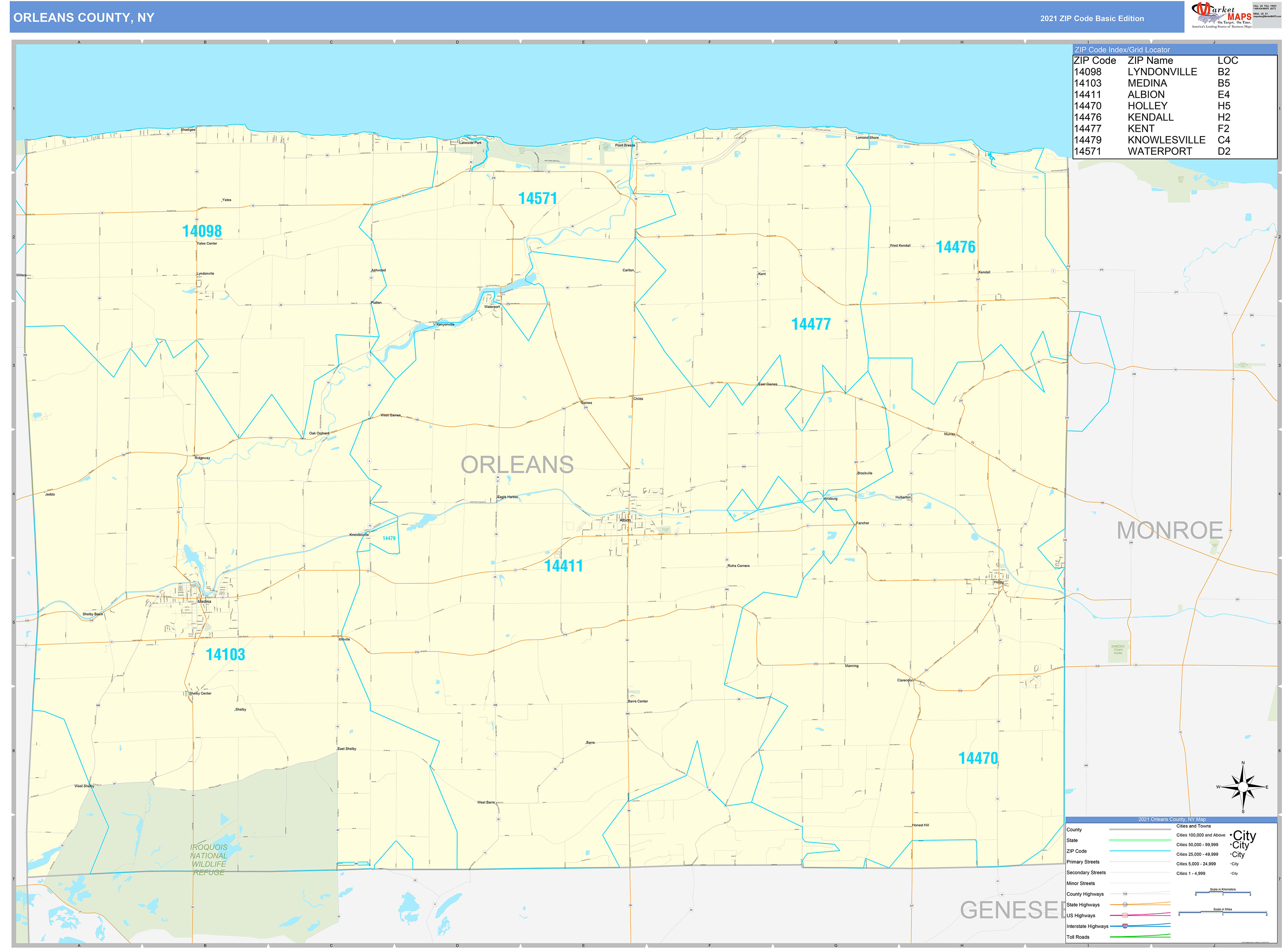 Orleans County, NY Zip Code Wall Map Basic Style by MarketMAPS MapSales