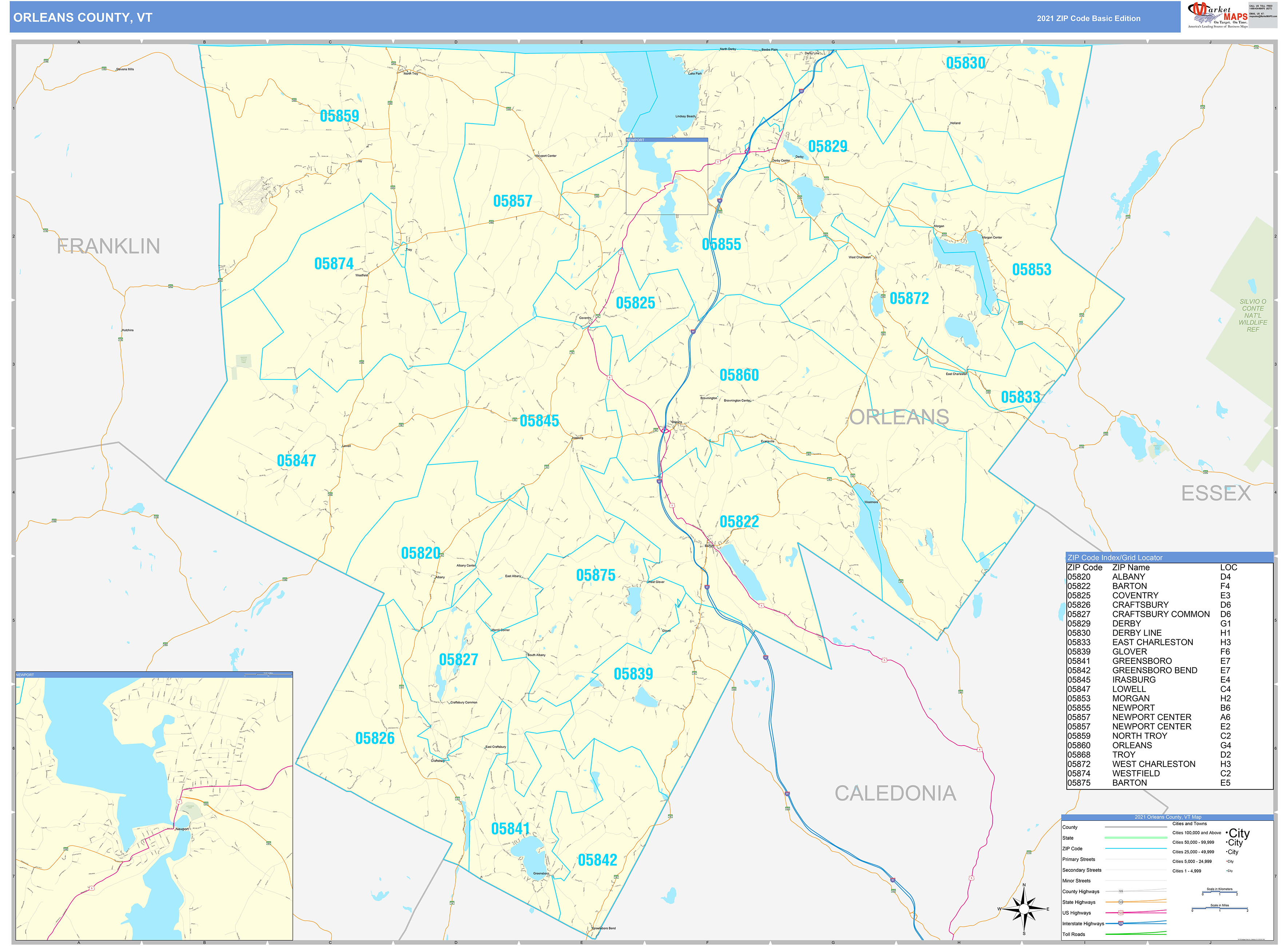 orleans-county-vt-zip-code-wall-map-basic-style-by-marketmaps