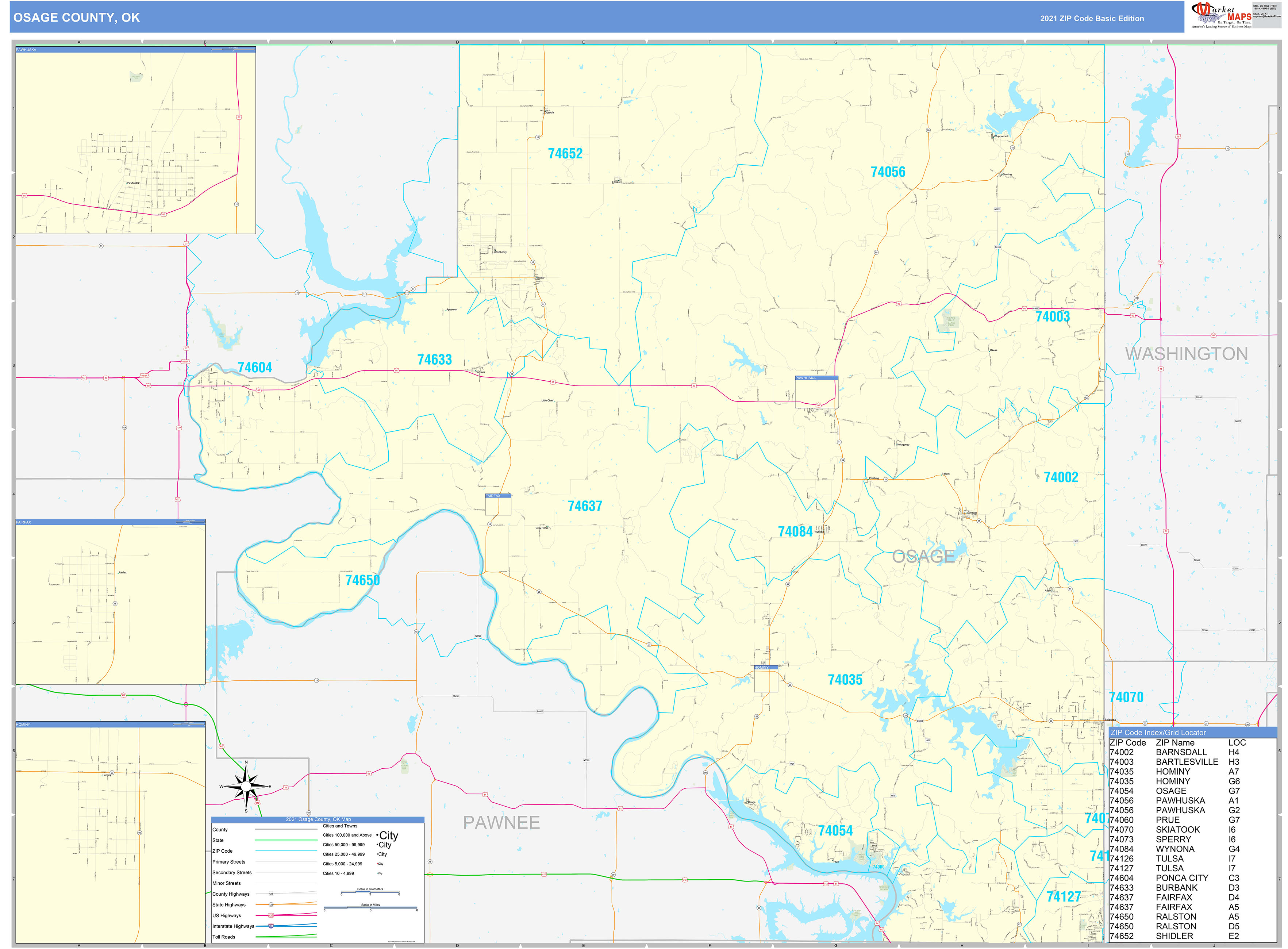 Osage County, OK Zip Code Wall Map Basic Style by MarketMAPS