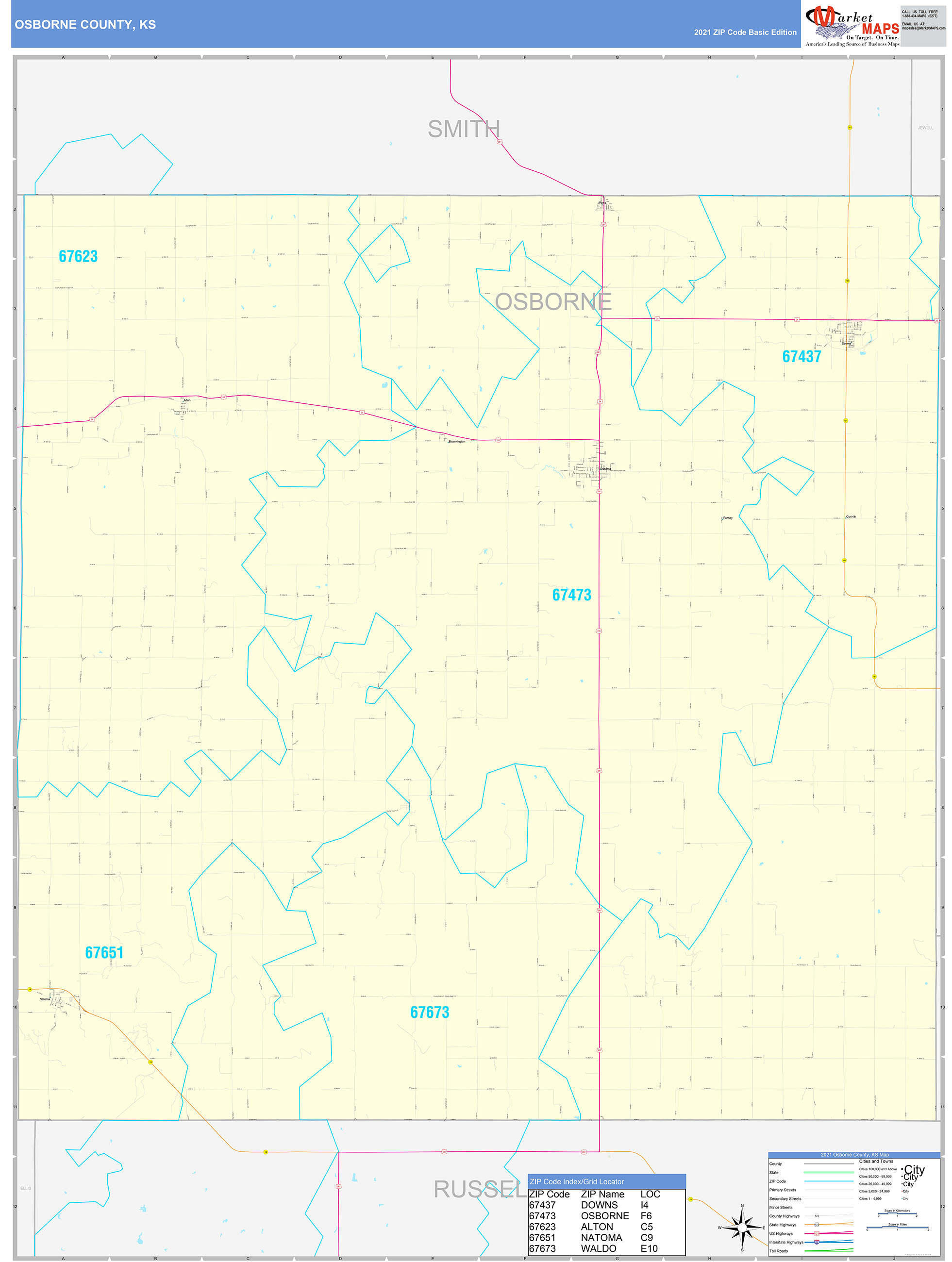 Osborne County, KS Zip Code Wall Map Basic Style by MarketMAPS MapSales