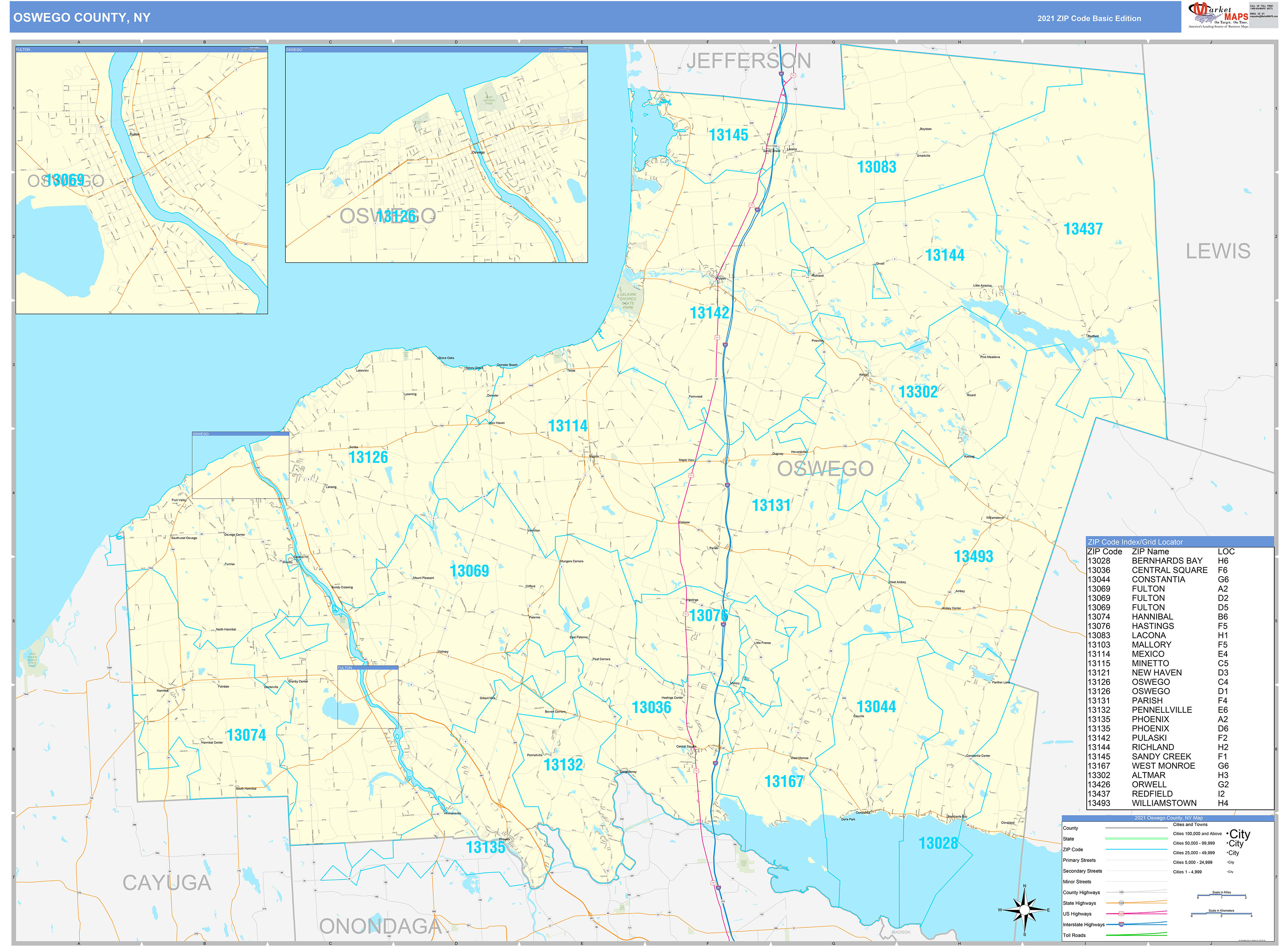 Oswego County, NY Zip Code Wall Map Basic Style by MarketMAPS MapSales
