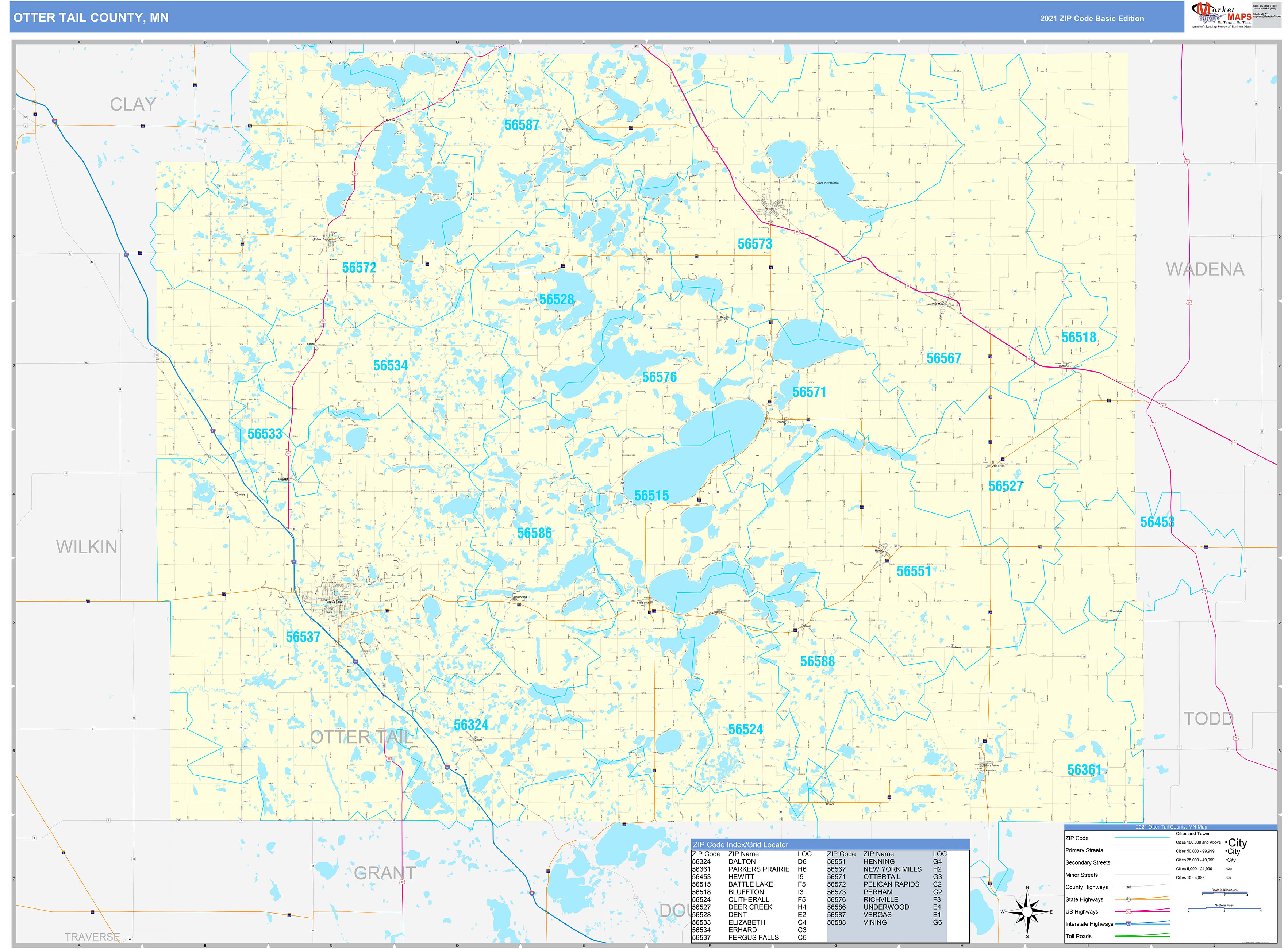 Otter Tail County, MN Zip Code Wall Map Basic Style by MarketMAPS